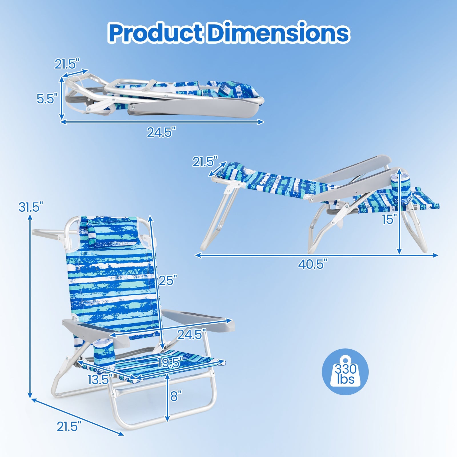 2 Pack Folding Beach Chair with Adjustable Positions and Head Pillow