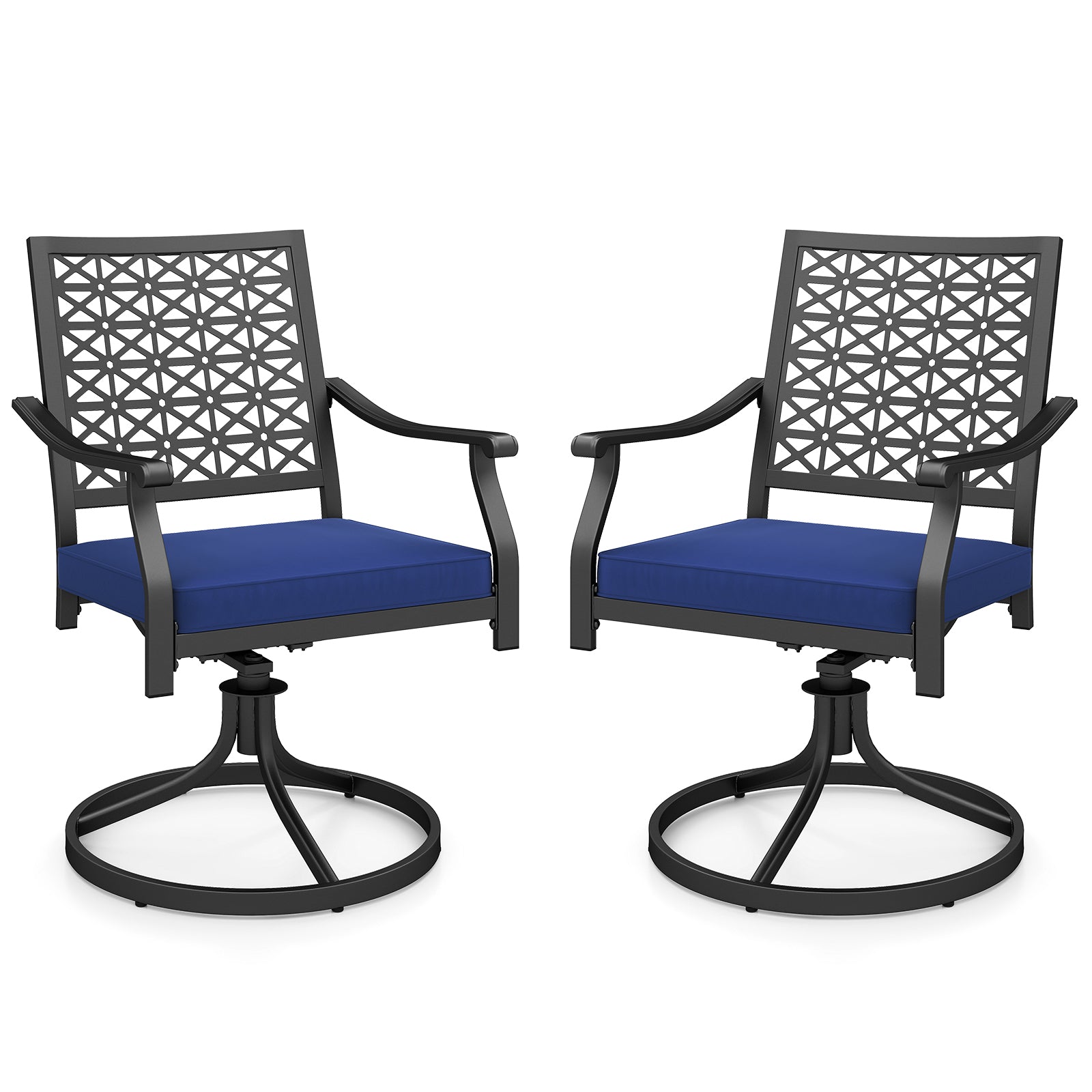 2 Pack Swivel Outdoor Chairs with Soft Cushions and Round Steel Base-Navy