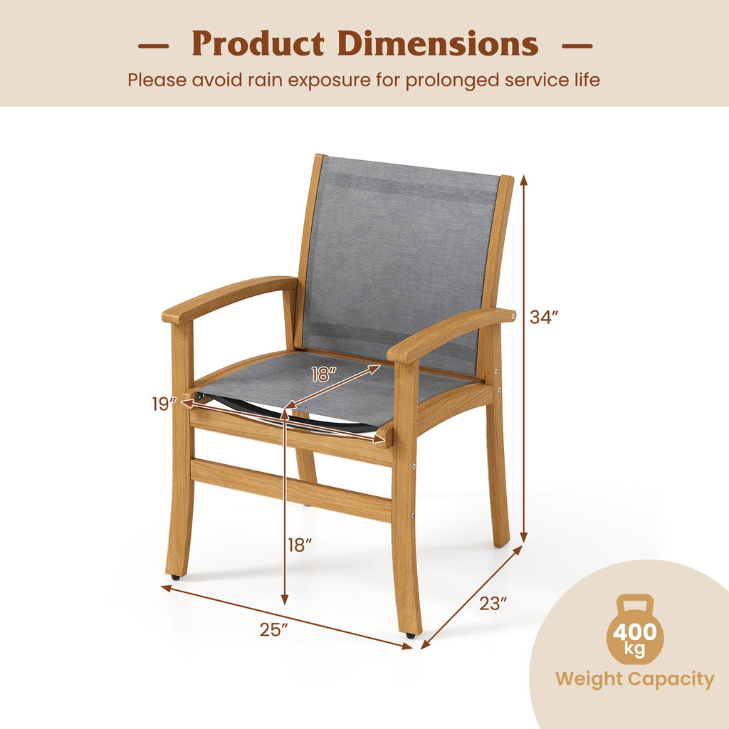 Patio Chairs Set of 2 Acacia Wood Armchairs with Breathable Fabric Back and Seat