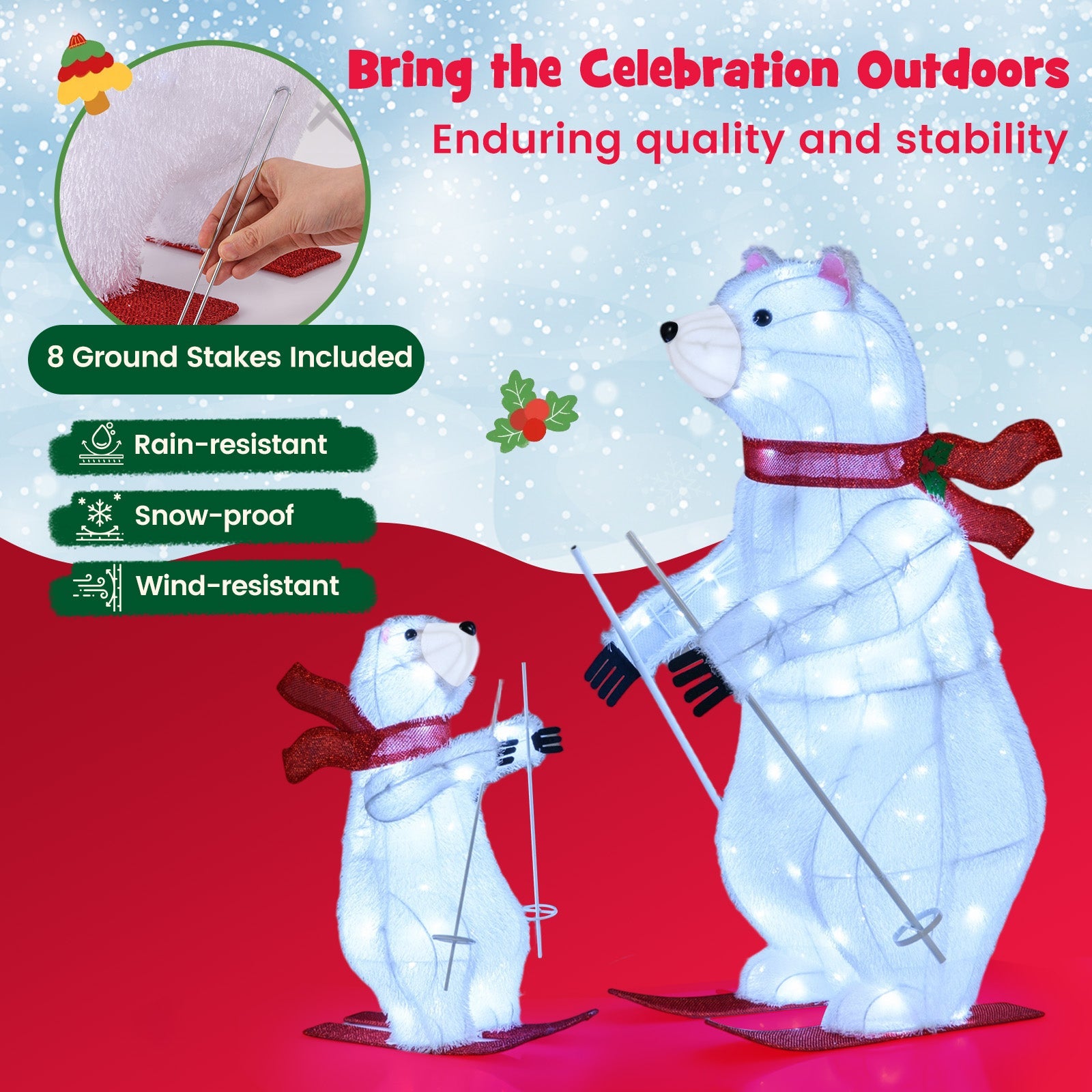 2 PCS Animated Skiing Polar Bears Pre-lit Christmas Bear Decoration with Skiing Motion