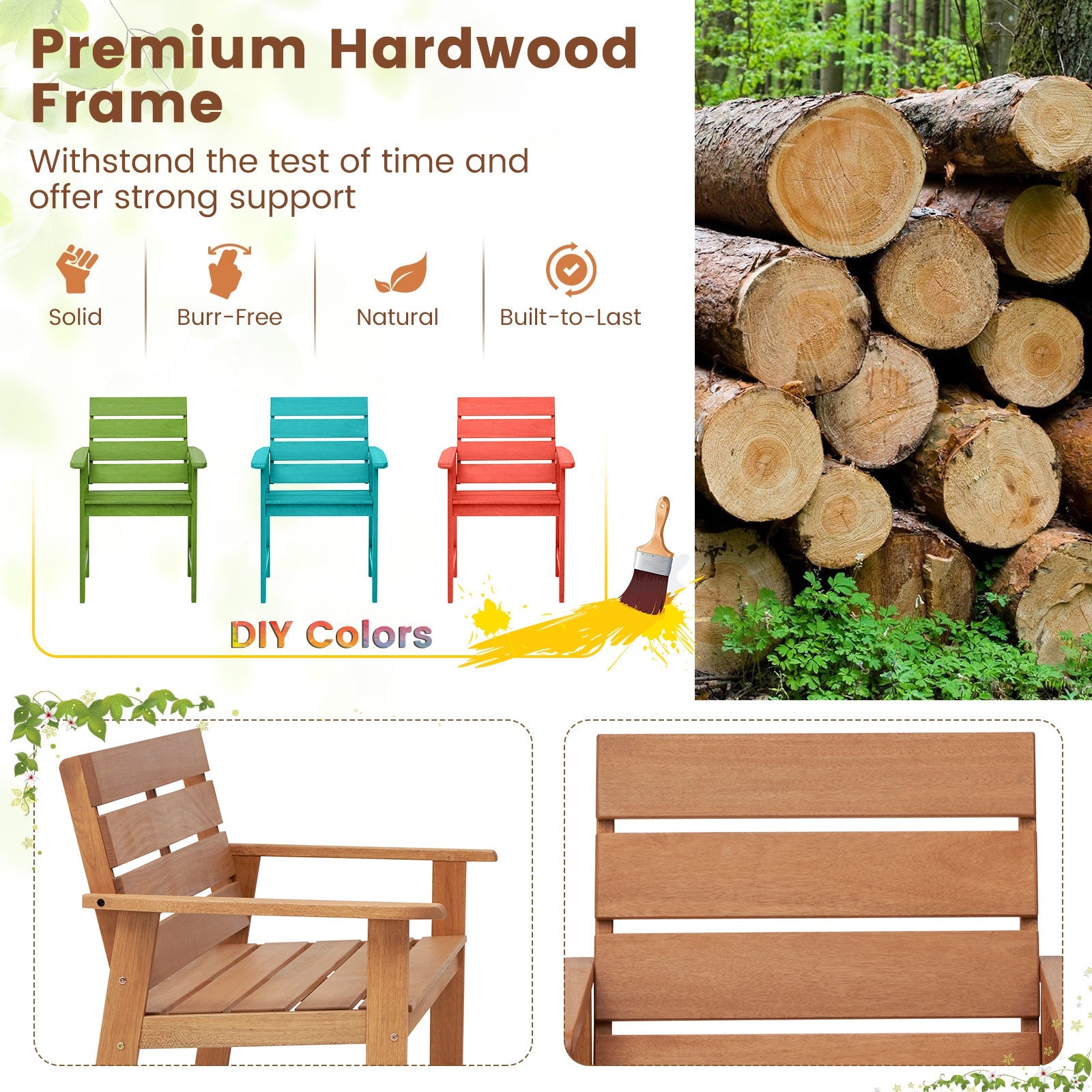 2 Piece Patio Hardwood Chair with Slatted Seat and Inclined Backrest