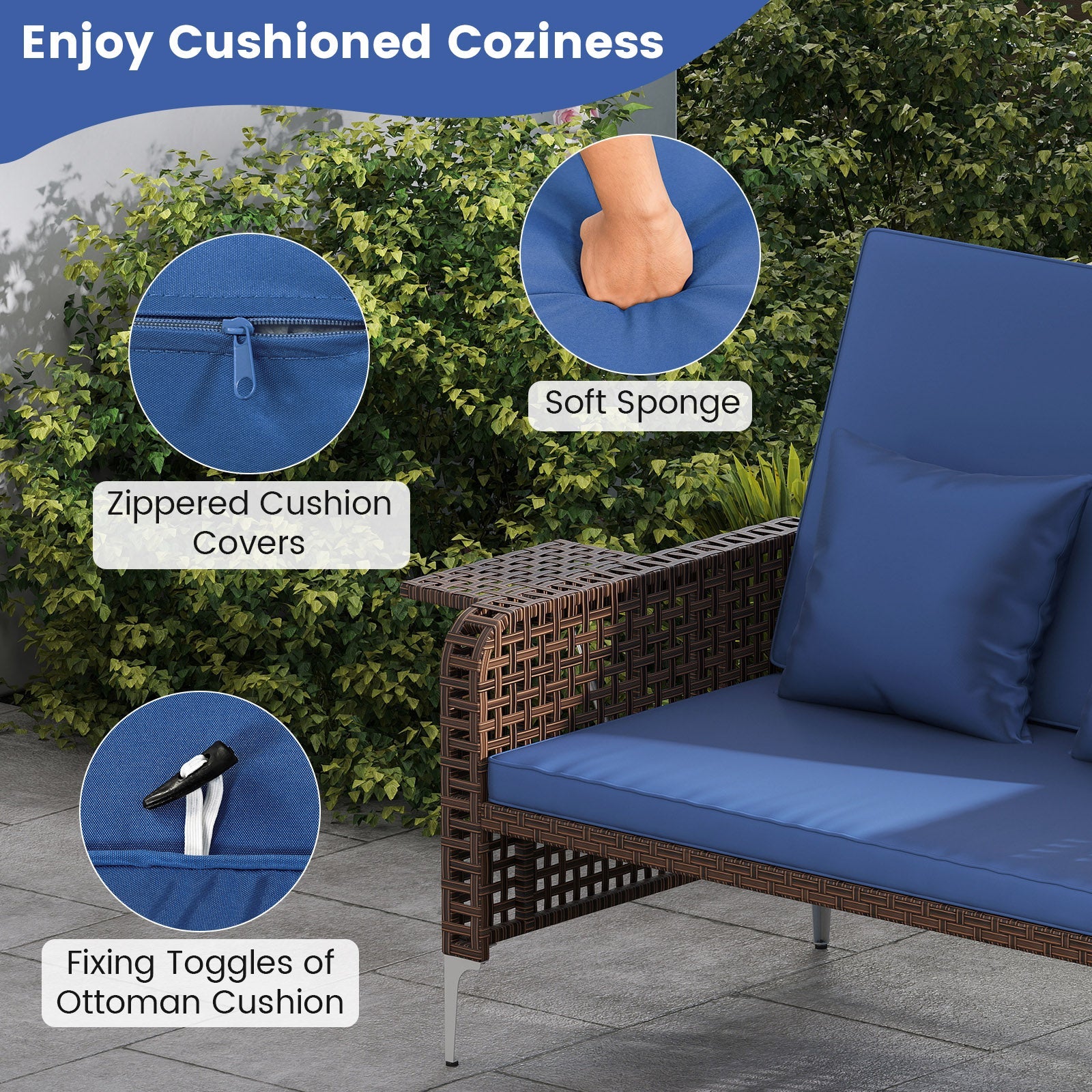 2 Piece Patio Rattan Daybed Wicker Loveseat and Ottoman with Adjustable Backrest