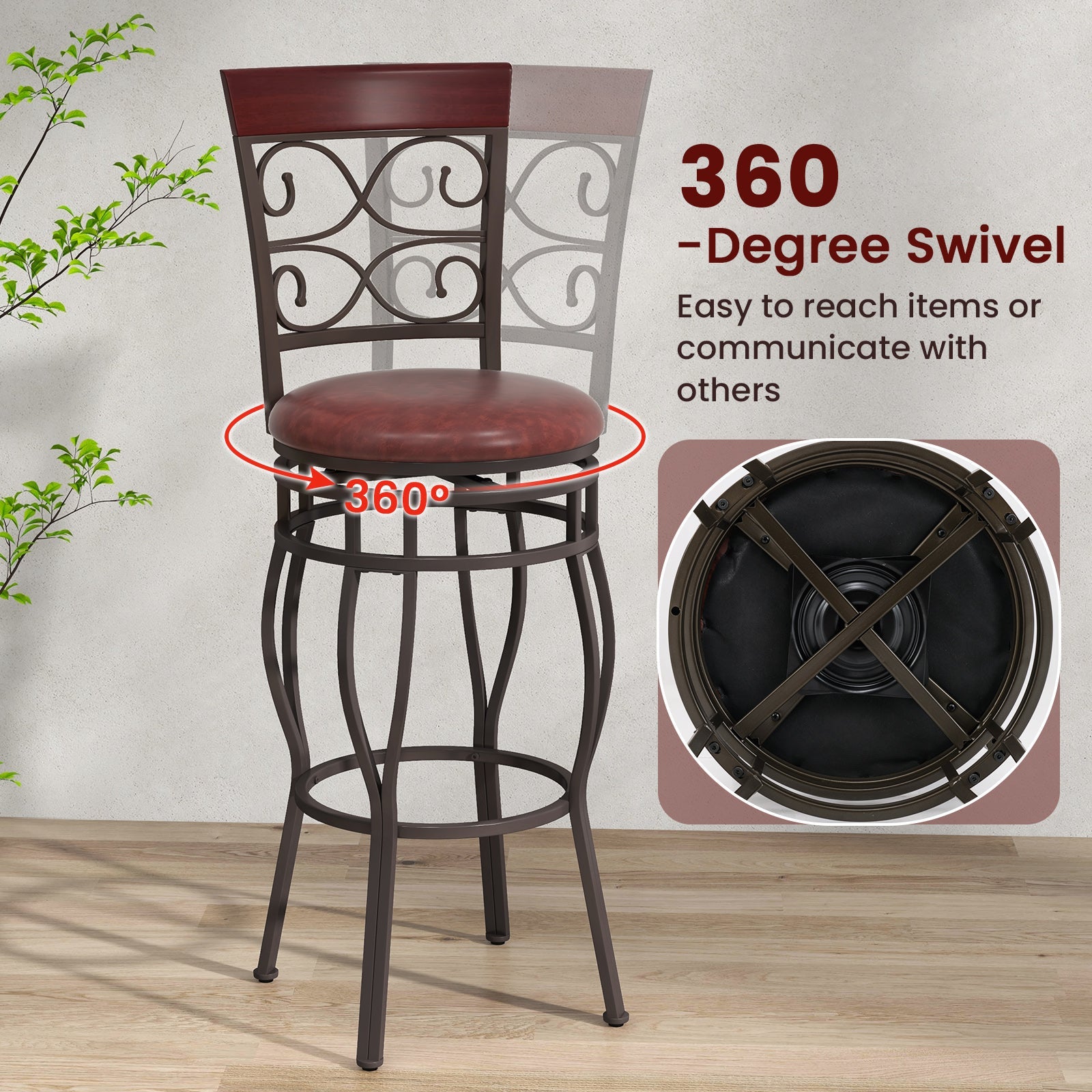 Set of 2 30 Inch Bar Stool with Backrest and Footrest