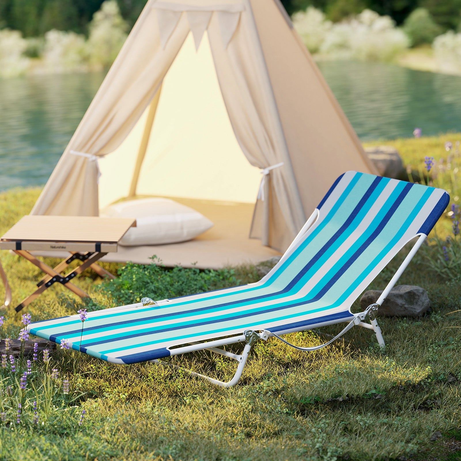 2 Pieces 5-position Lay Flat Beach Recliner with Carry Strap and Metal Frame