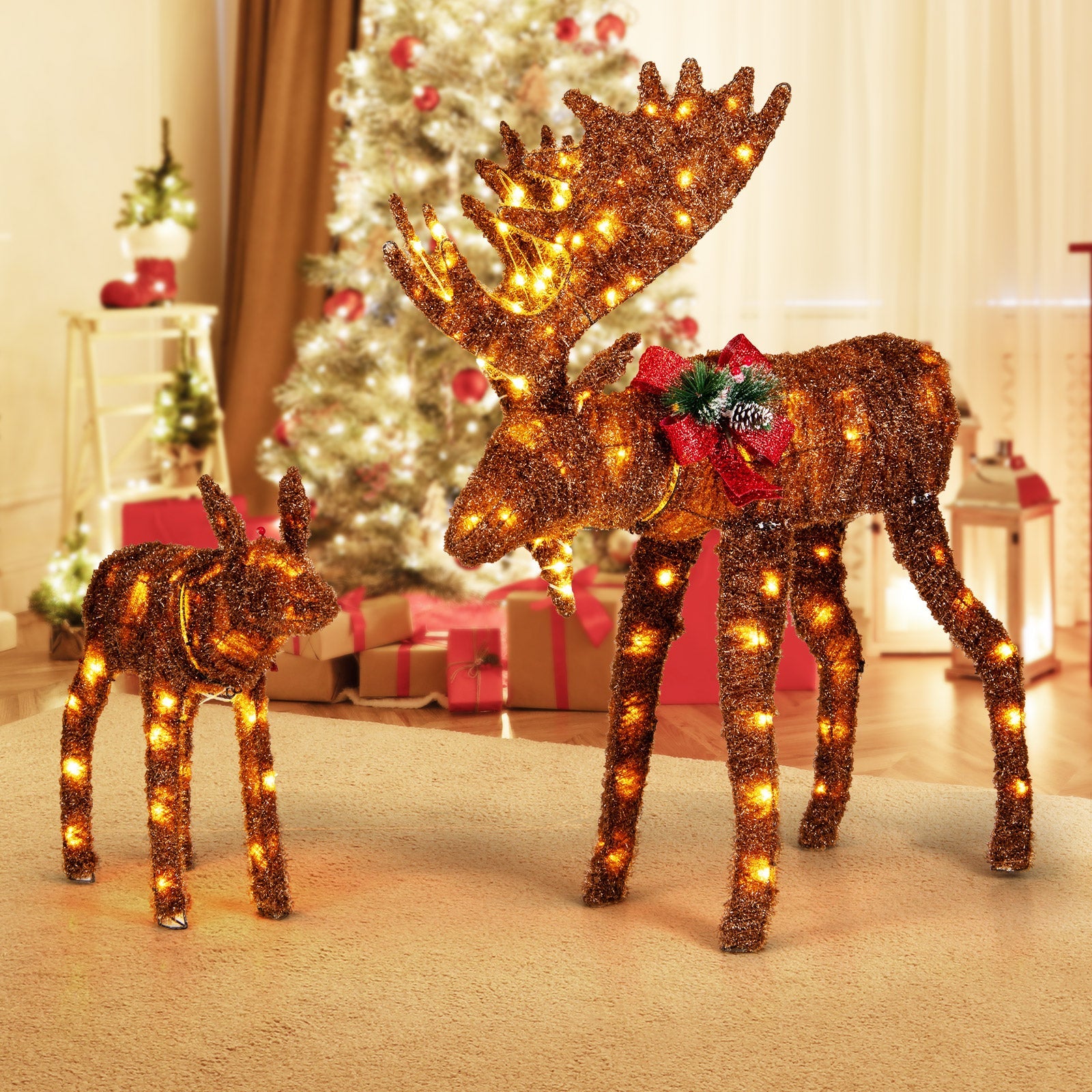 2 Pieces Lighted Moose Family with 170 LED Lights and Zip Ties