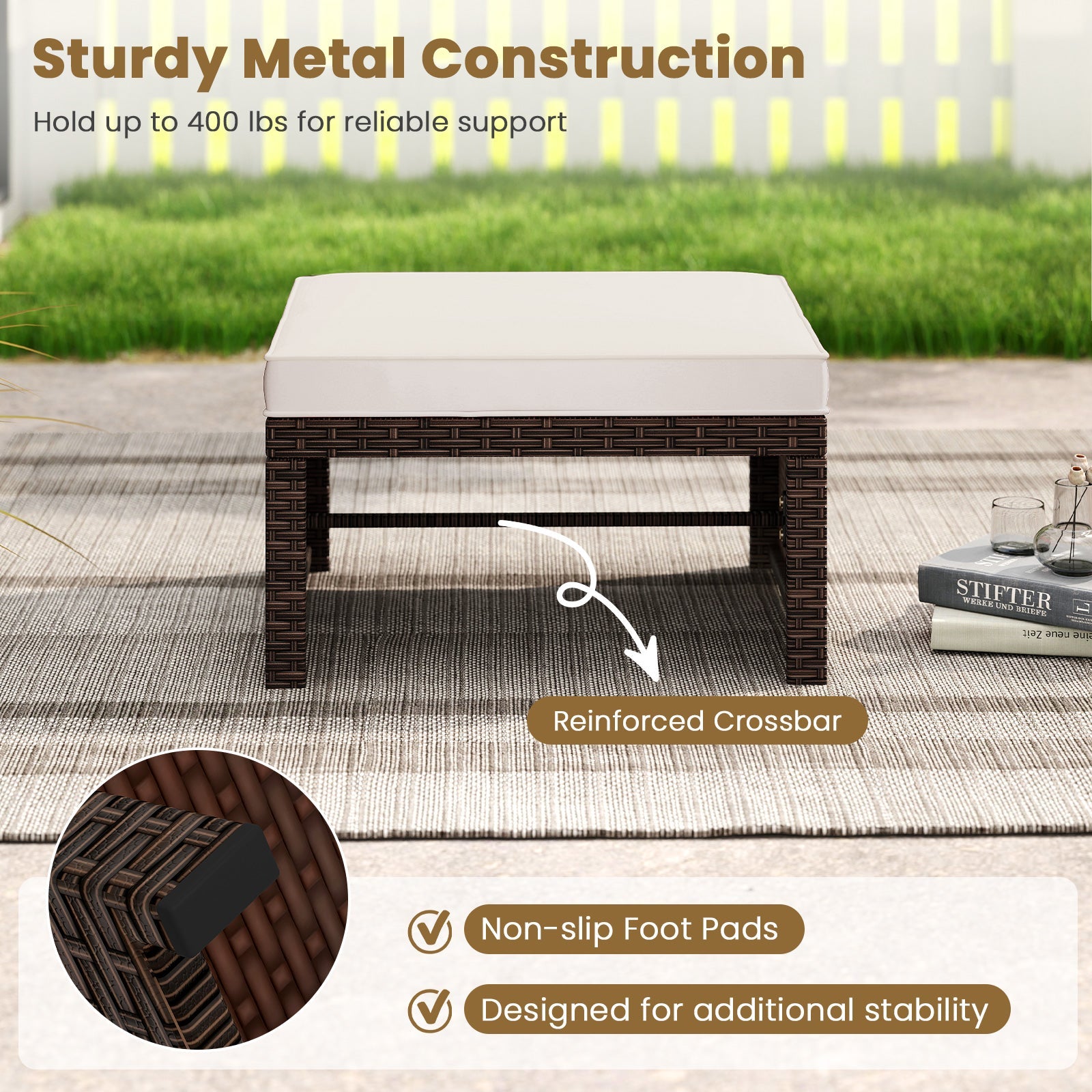 Multipurpose Outdoor 2 Pieces Patio PE Rattan Ottomans Footstool
