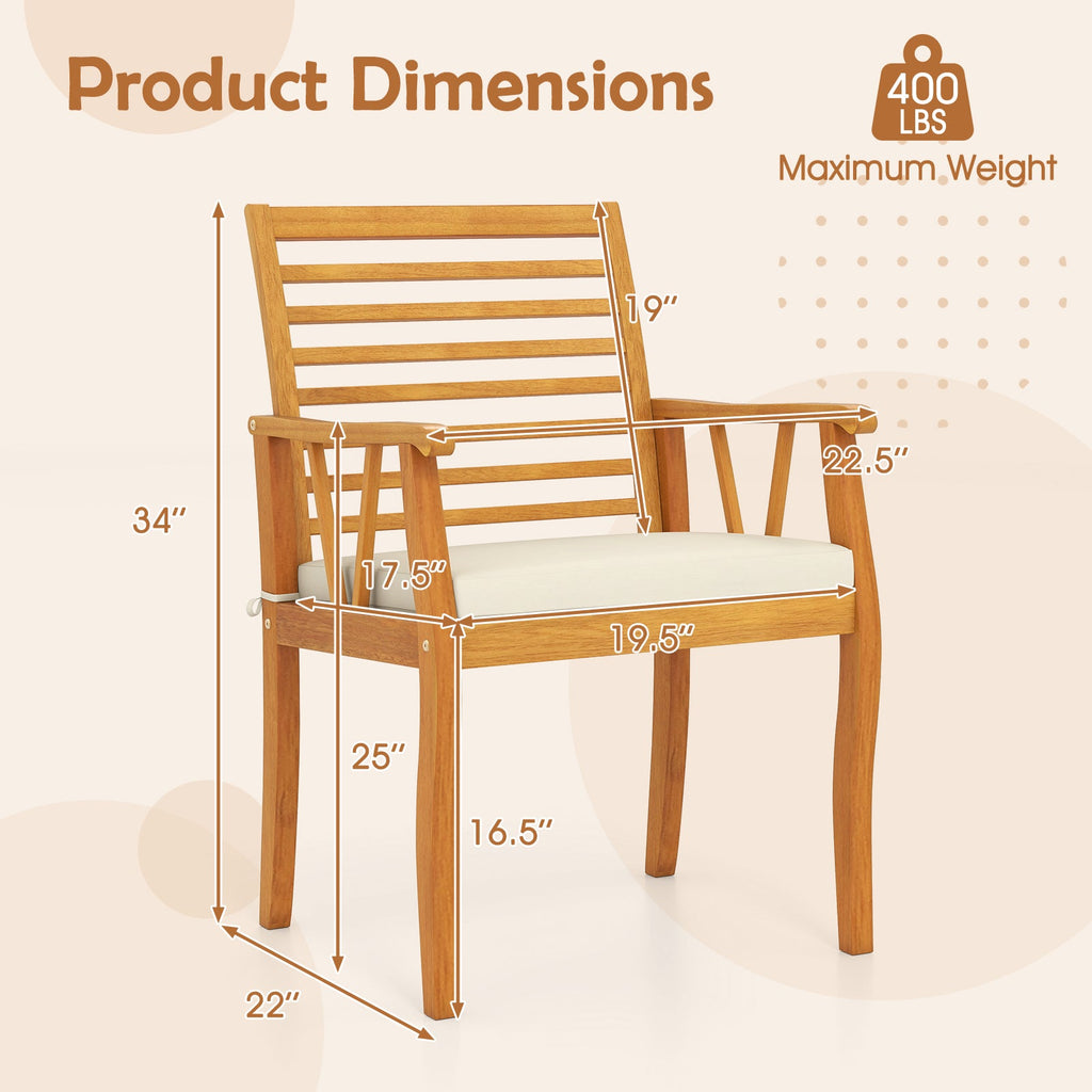 2 Pieces Patio Dining Chairs Outdoor Acacia Wood Armchairs Bistro Conversation Furniture-White