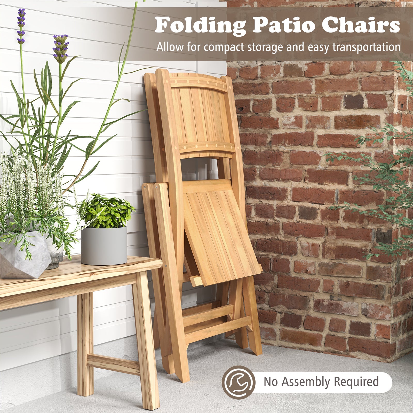 2 Pieces Teak Wood Outdoor Dining Chairs with Slatted Seat