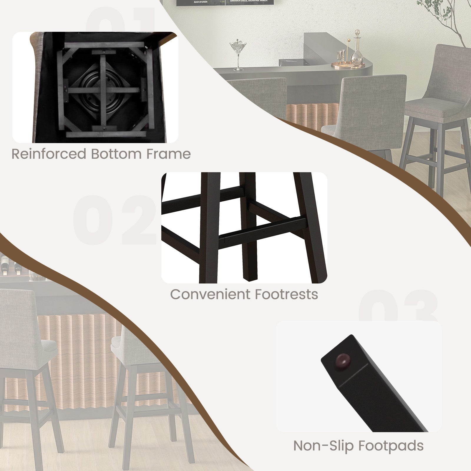 Set of 2 360¬∞ Swivel Bar Stool with Rubber Wood Legs Footrest