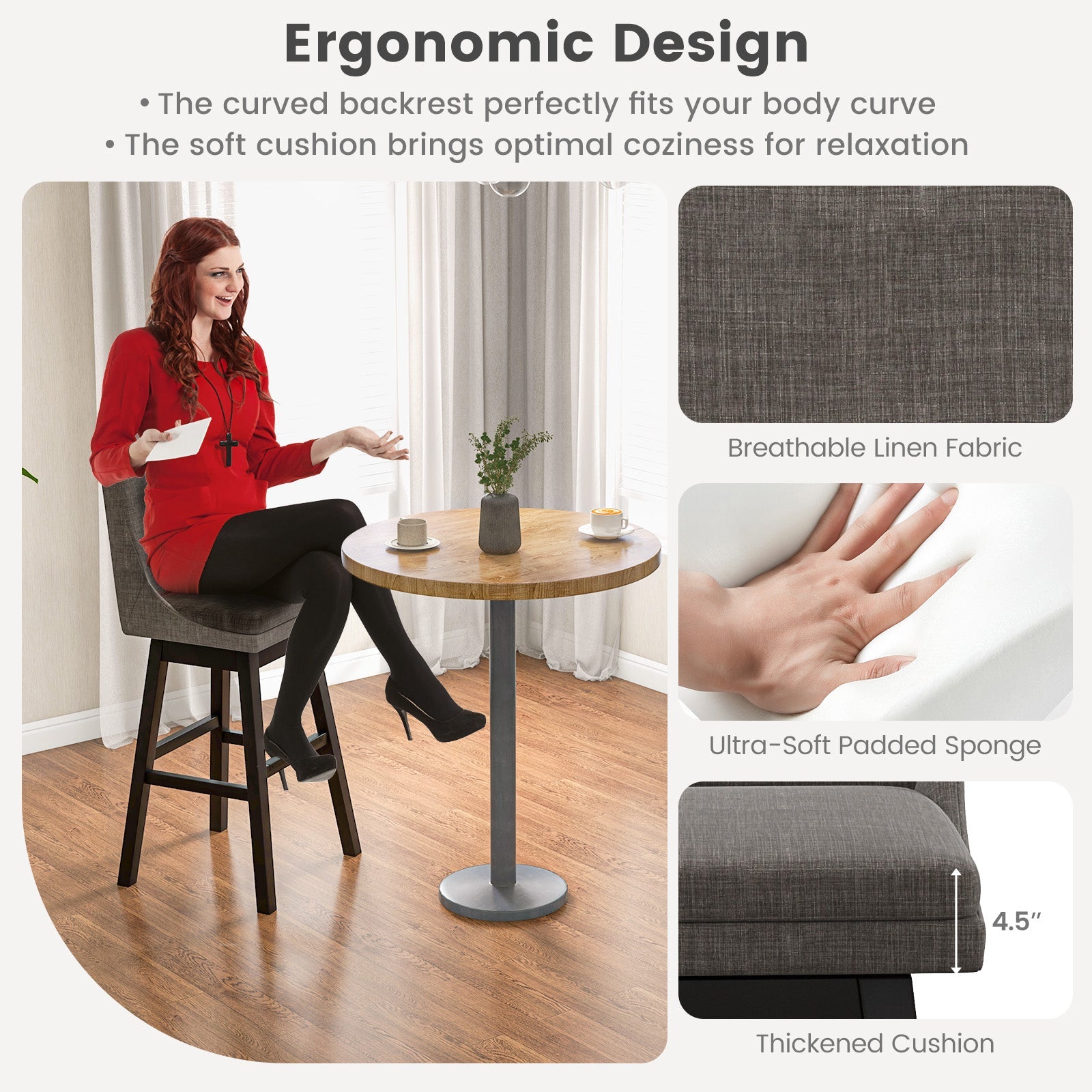 Set of 2 360¬∞ Swivel Bar Stool with Rubber Wood Legs Footrest