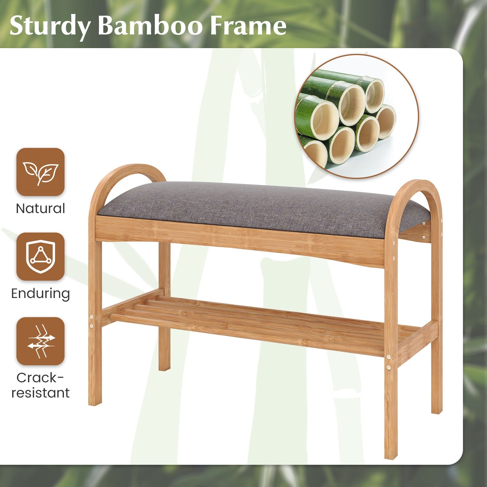 2-Tier Bamboo Shoe Bench with Padded Cushion and Shelf-Gray