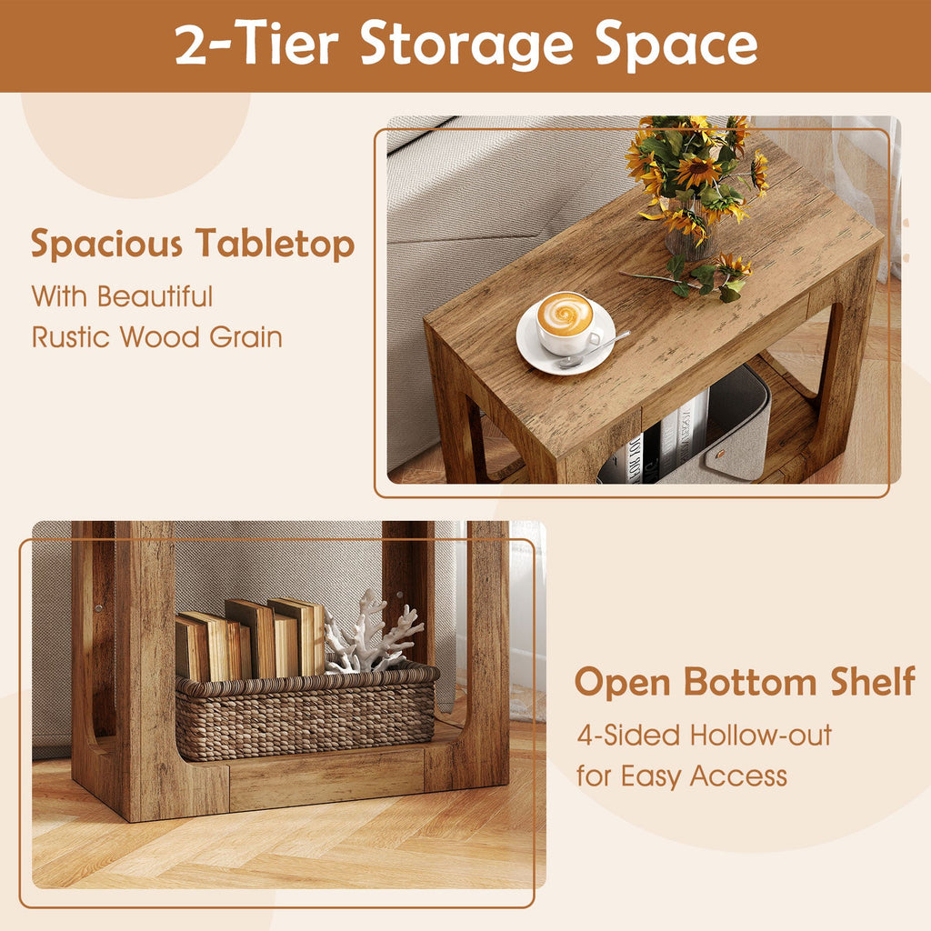 2-Tier End Table with Storage Shelf for Living Room-Oak