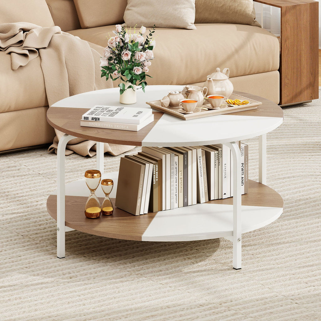 2-Tier Round Coffee Table Metal Frame with Storage Shelf