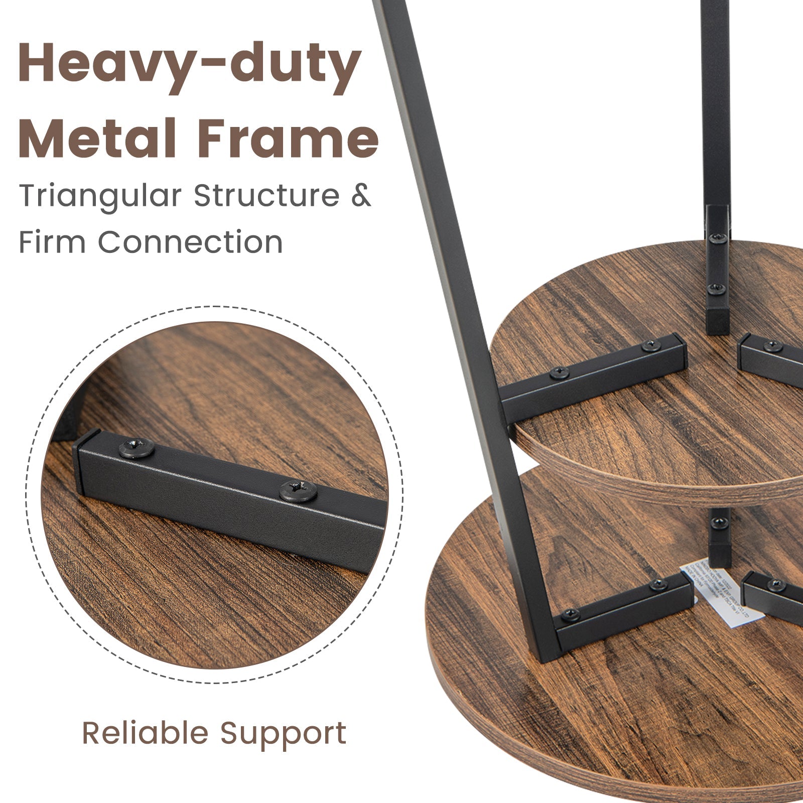 2-Tier Round End Table with Open Shelf and Triangular Metal Frame