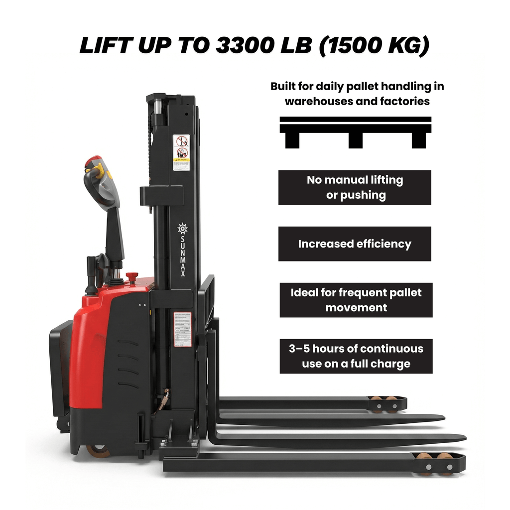 PS3300FEAS-3M Full-Electric Straddle Pallet Stacker – 3,300 lb Capacity, 118" Lift, Adjustable Legs