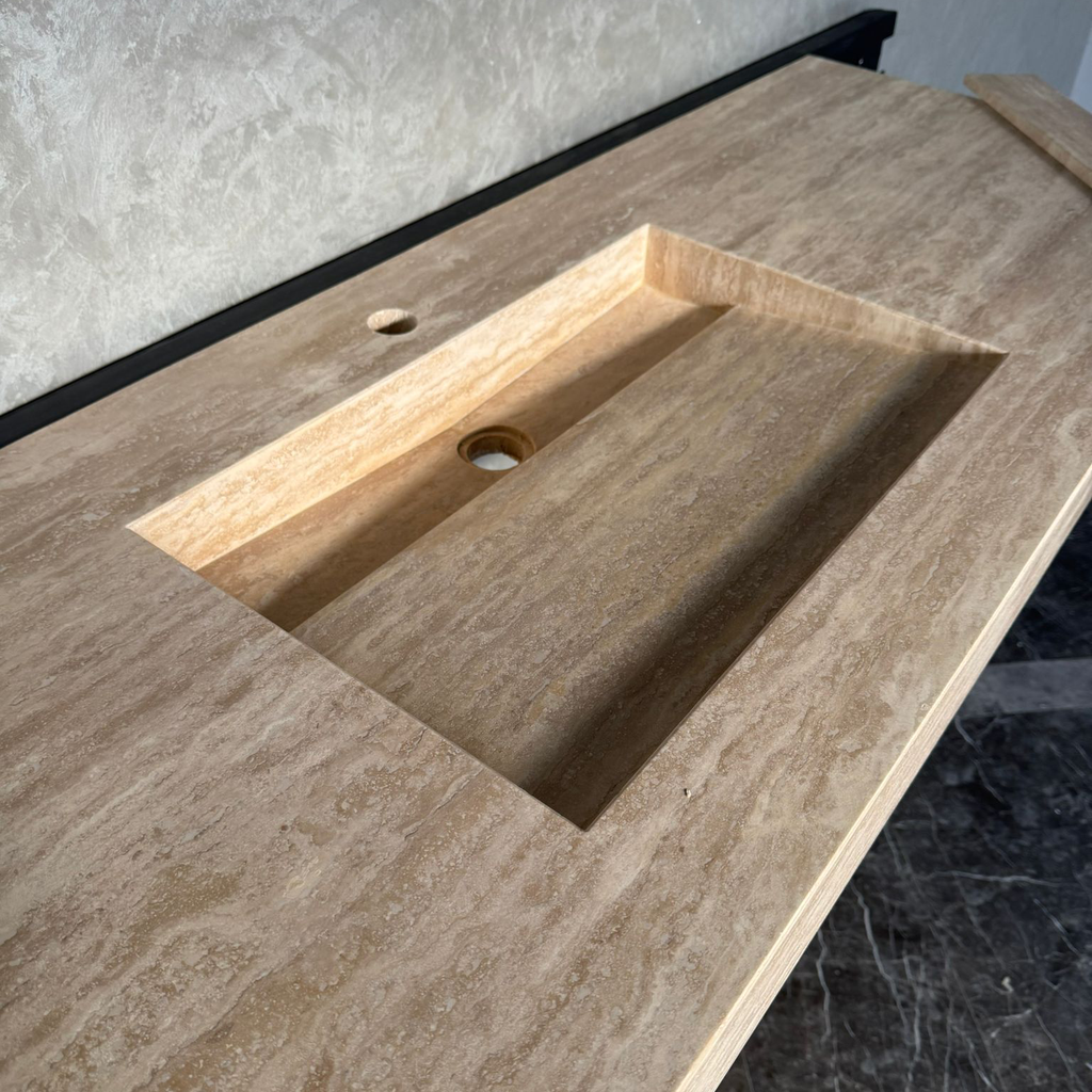 Vein Cut Travertine Natural Stone Bathroom Sink - Handmade Modern