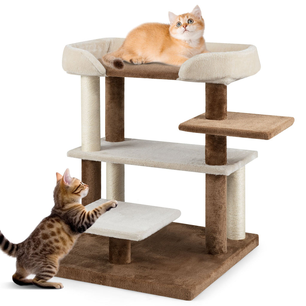 2-in-1 Cat Tree Tower Pet Steps with Sisal Scratching Posts and 4 Large Platforms-Brown