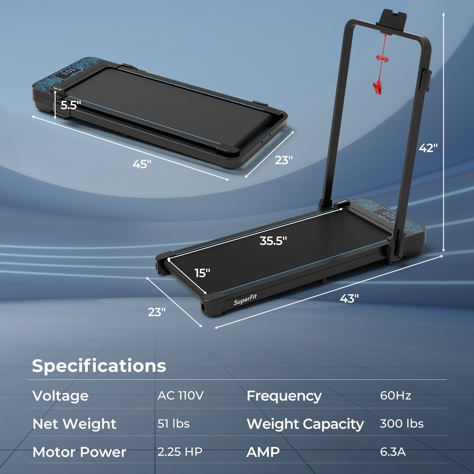 2 in 1 Folding Treadmill with 300 LBS Capacity and Remote Control for Home-Black