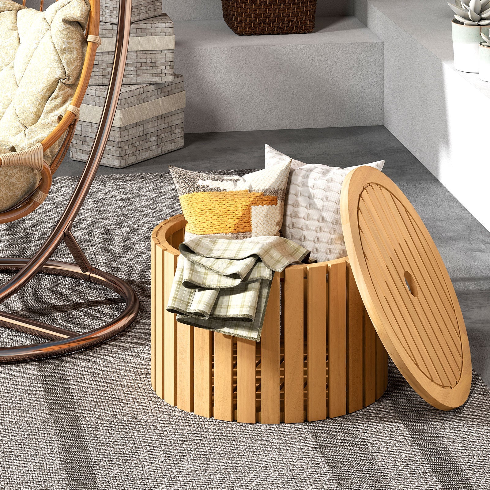 2-in-1 Outdoor Side Table with Storage Acacia Wood Slatted Coffee Table Square and Round Slatted End Storage Box