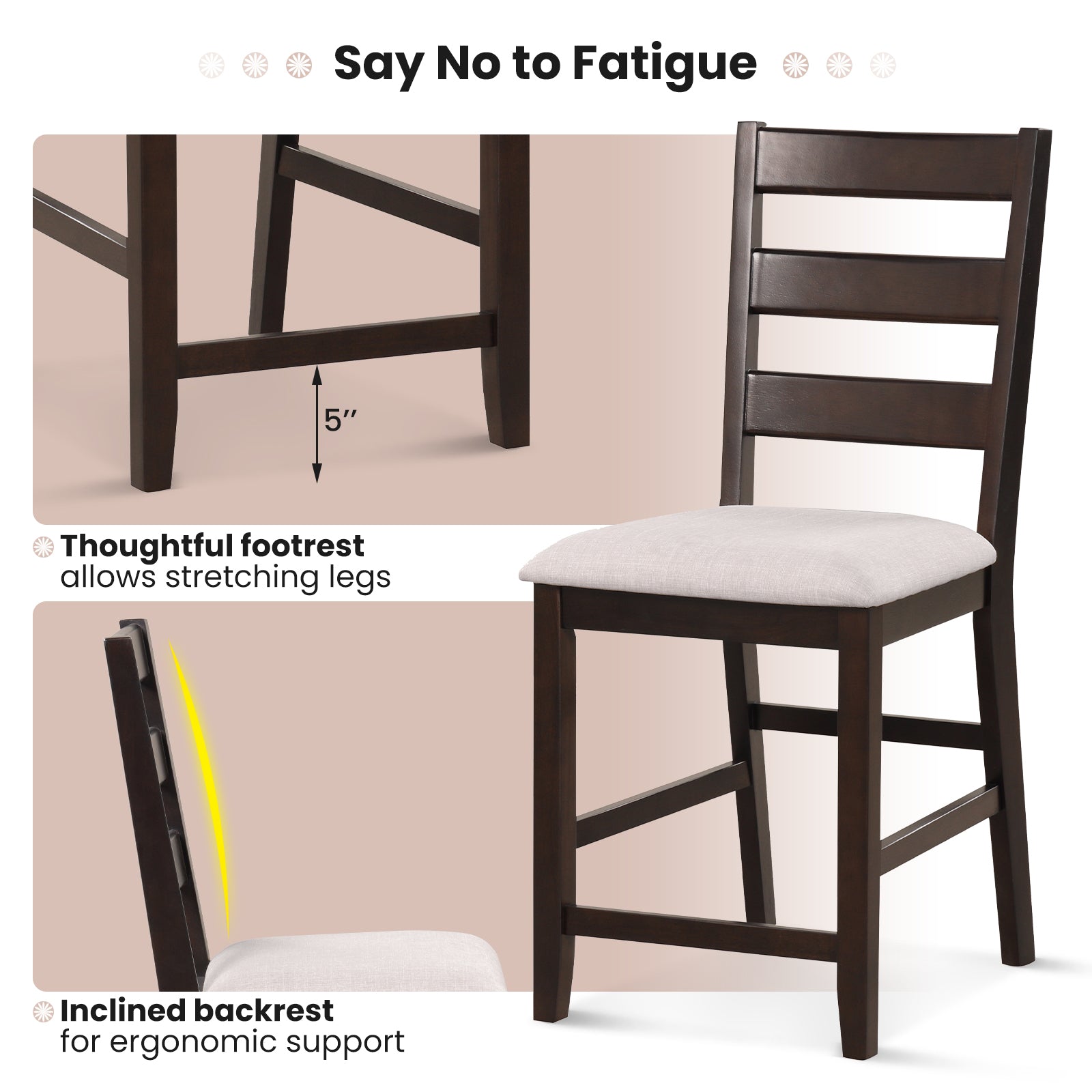 2 Piece Counter Height Bar Stool Set with Padded Seat and Rubber Wood Legs-Beige