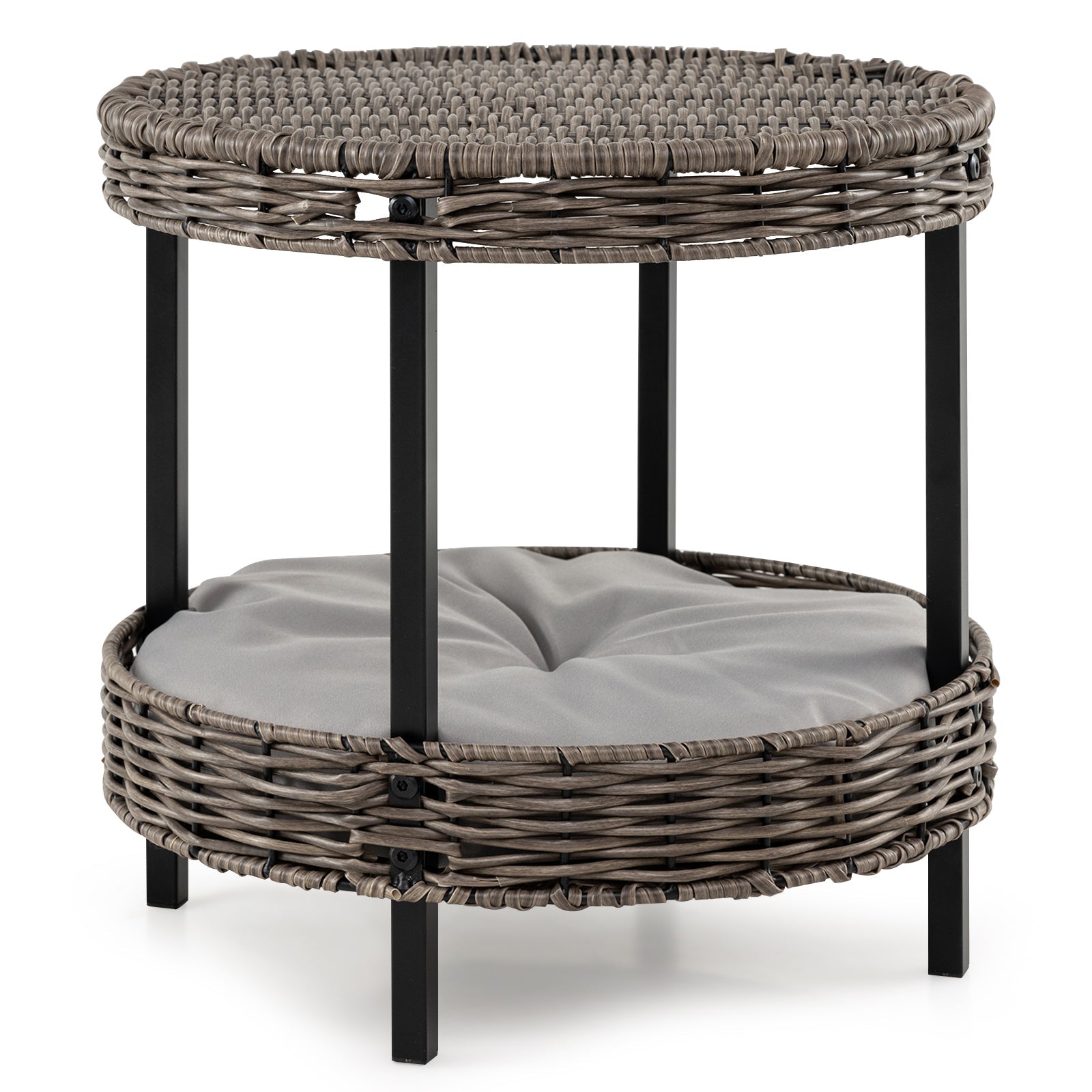 2-tier Rattan Cat Nest with Removable Padded Cushion-Gray