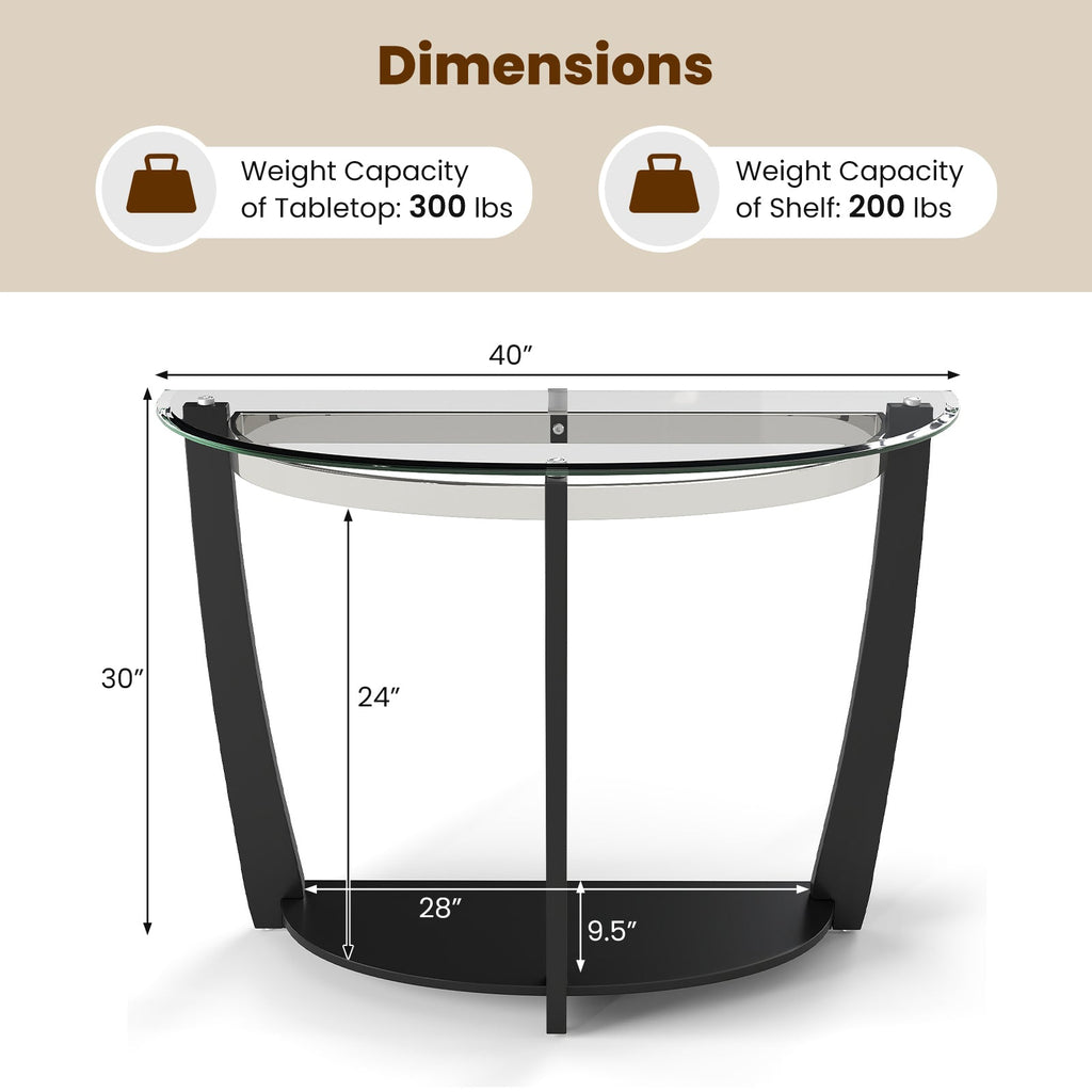 2-tier Tempered Glass Console Table with Clear Glass Top and Open Shelf