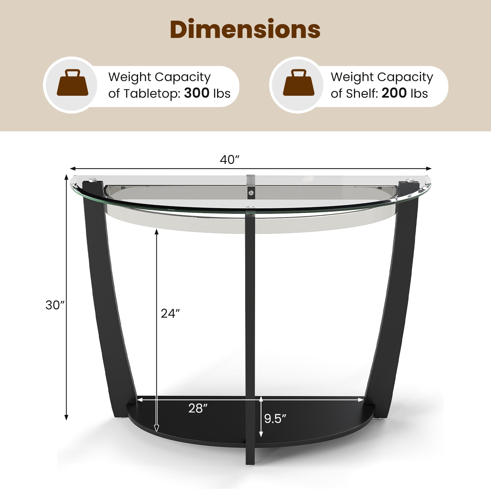 2-tier Tempered Glass Console Table with Clear Glass Top and Open Shelf