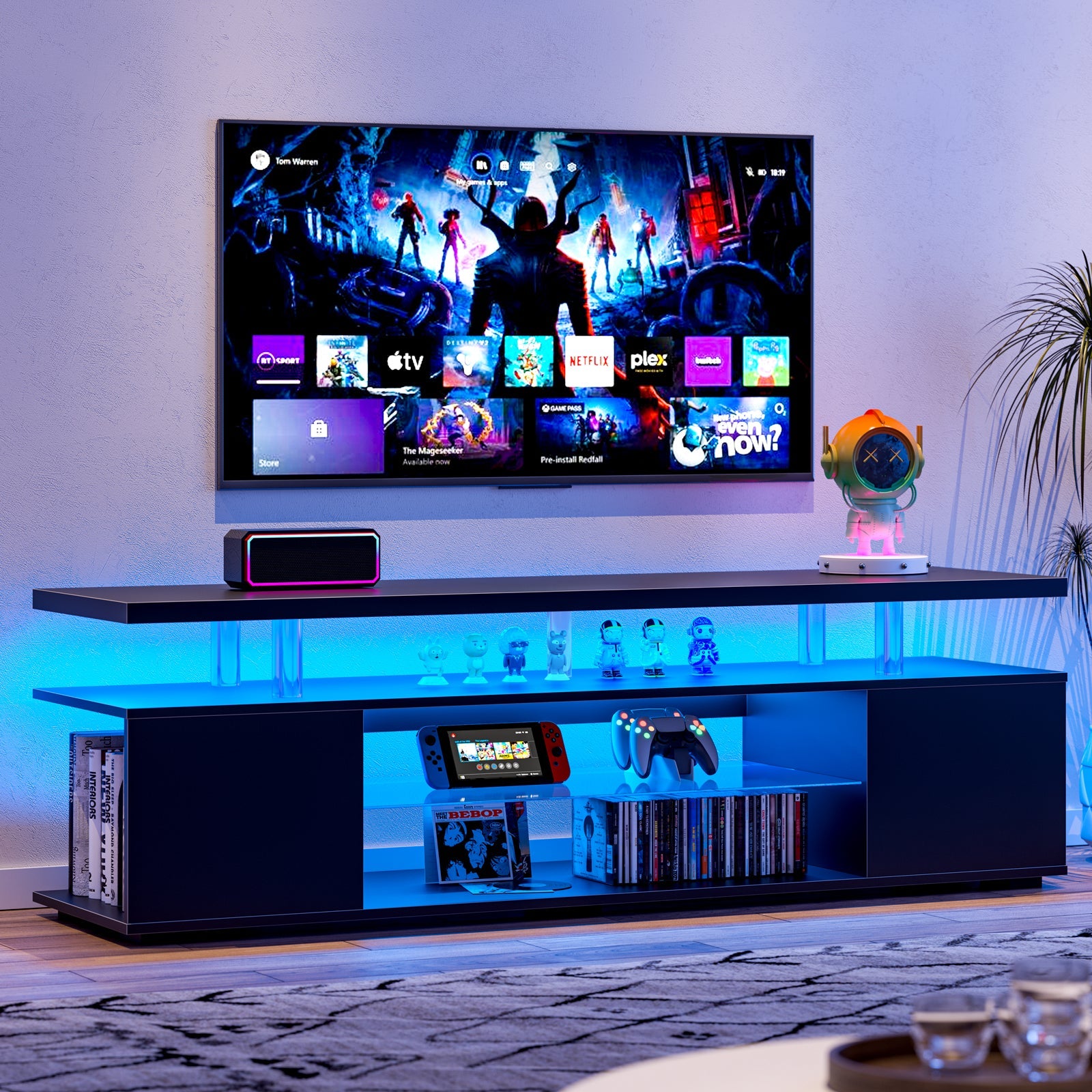 TV Stand Gaming LED Black Engineered Wood Fits 70 In TV 63x16x21 In