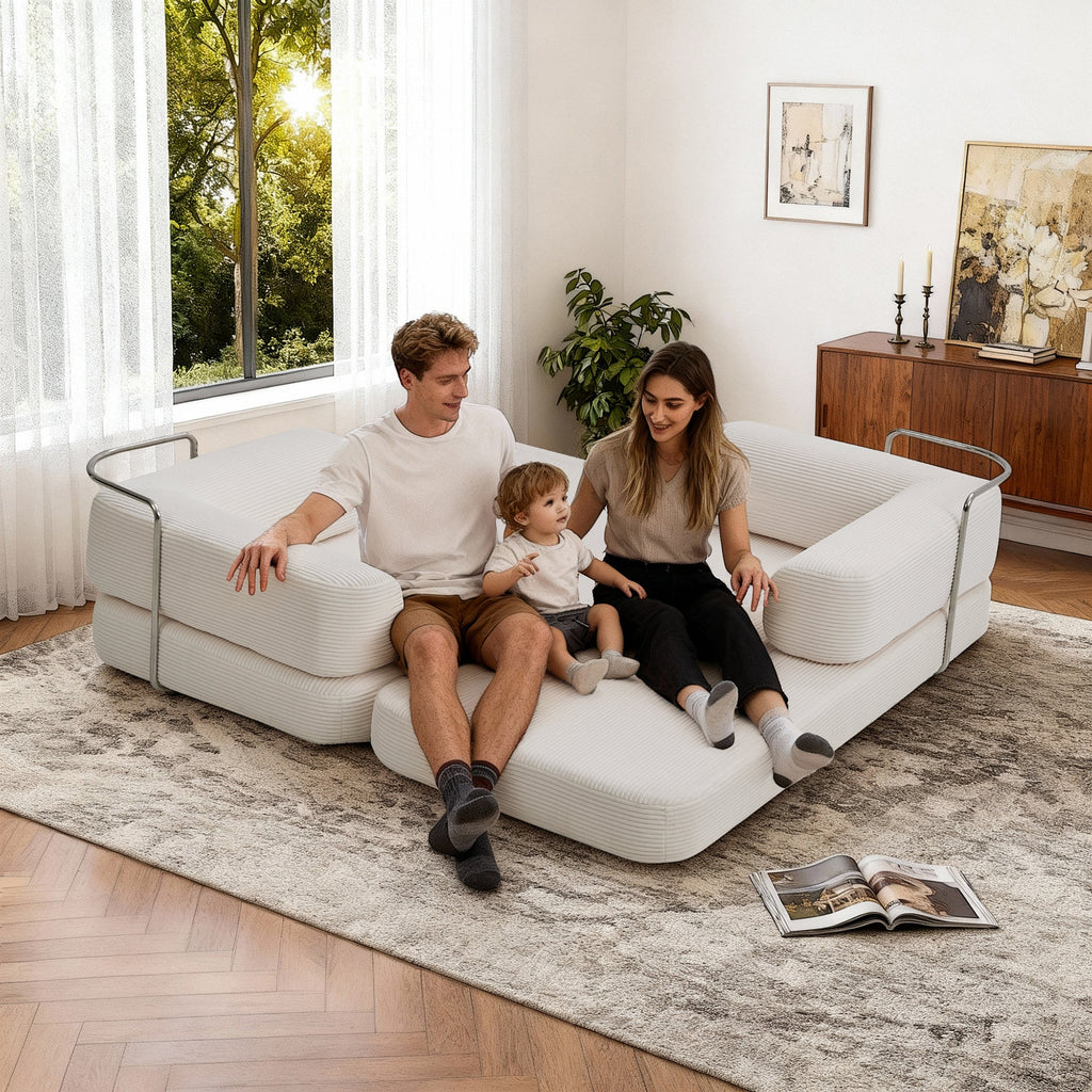 Sofa Floor Low Profile 5-in-1 Corduroy Cream Sleeper with Blanket 74.8 In