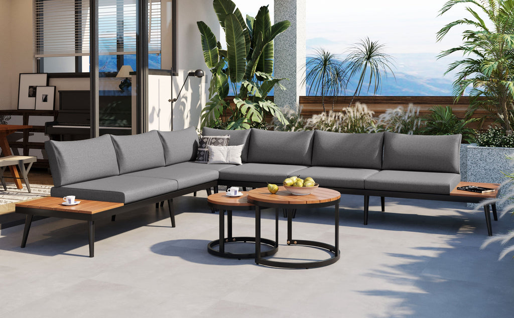 Outdoor Sectional Set Acacia Wood Steel Gray with Nesting Tables