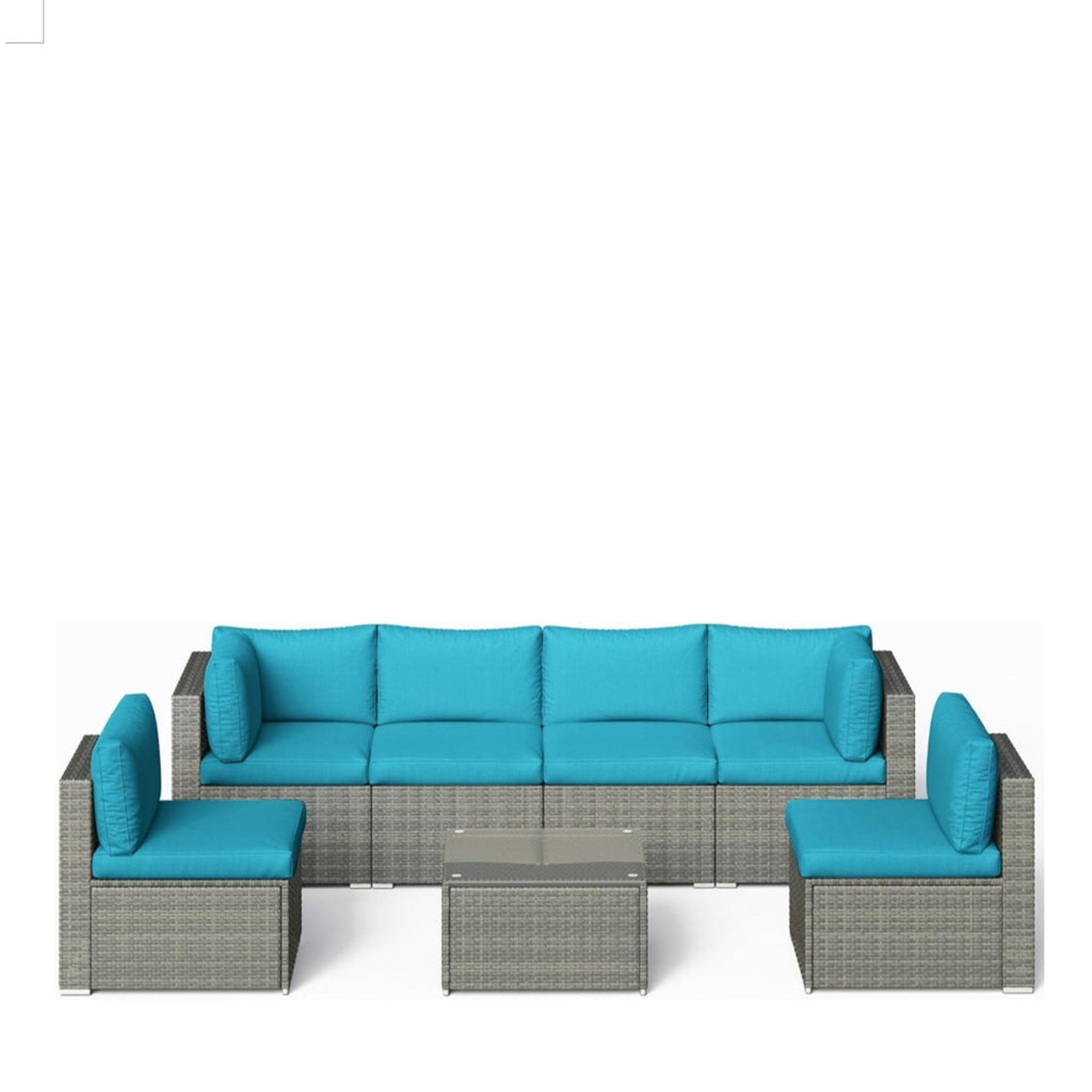 7 Piece Outdoor Sectional Set PE Rattan Gray Blue