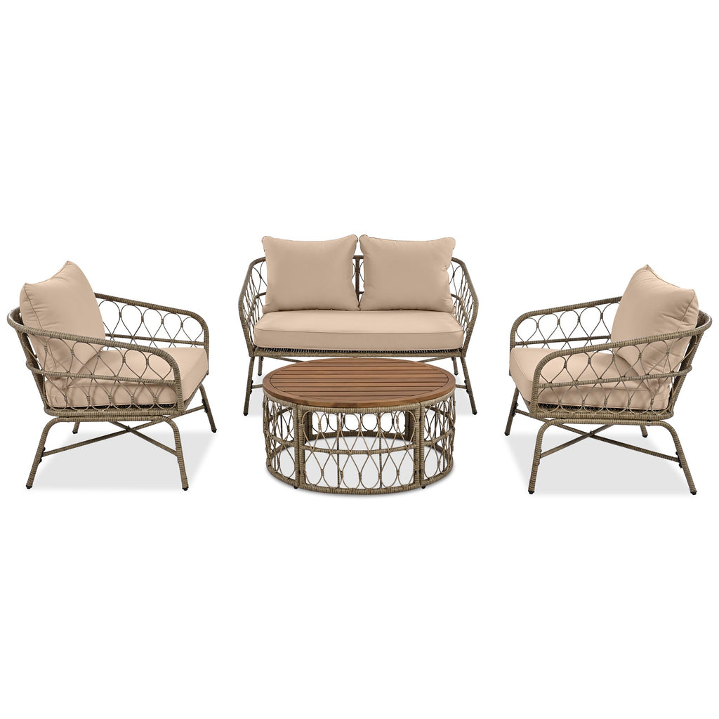Outdoor Patio Set Wicker Boho Beige Cushion Oval Acacia Table 4 Piece