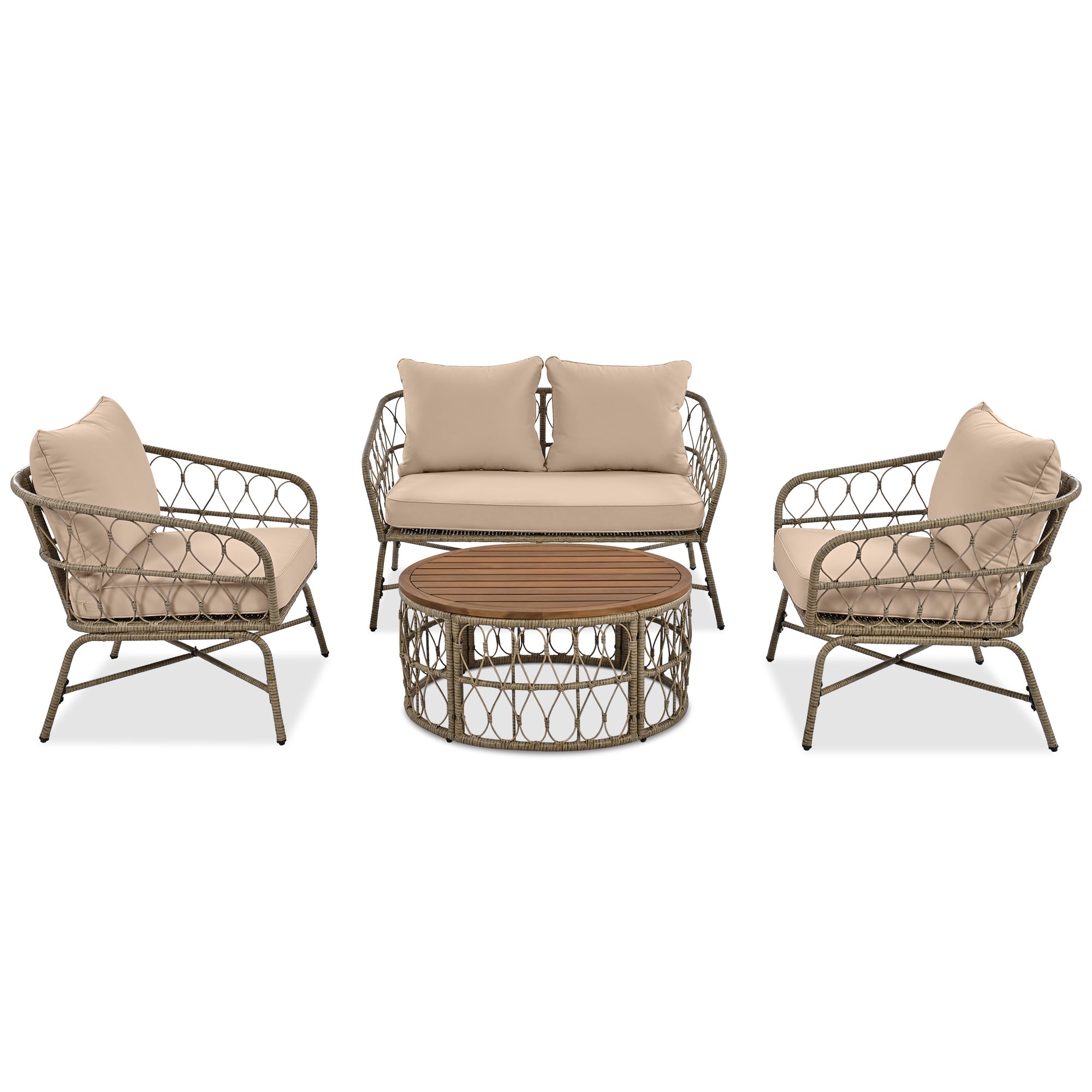 Outdoor Patio Set Wicker Boho Beige Cushion Oval Acacia Table 4 Piece