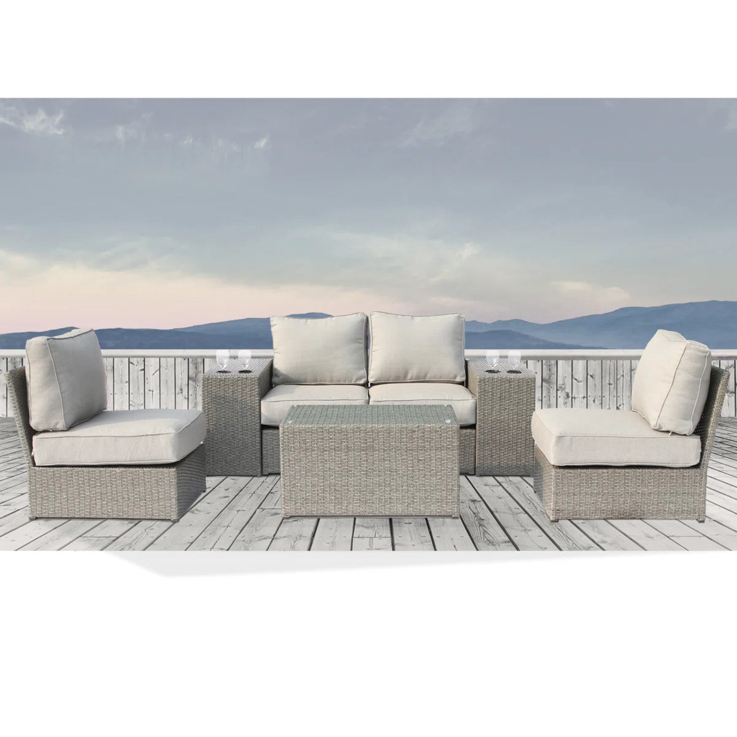 Outdoor Sectional Set HDPE Wicker Aluminum Gray 7 Piece Fully Assembled