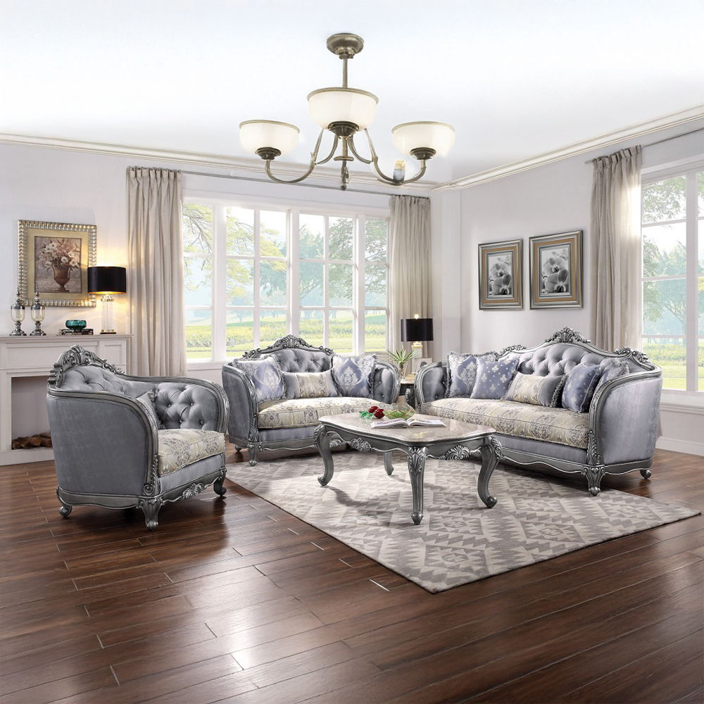 Ariadne - Loveseat With 3 Pillows - Fabric & Platinum