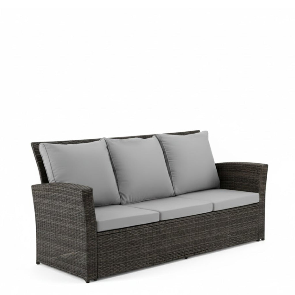 Outdoor Sofa PE Rattan 3 Seat Gray Cushions Black Iron Frame 68in