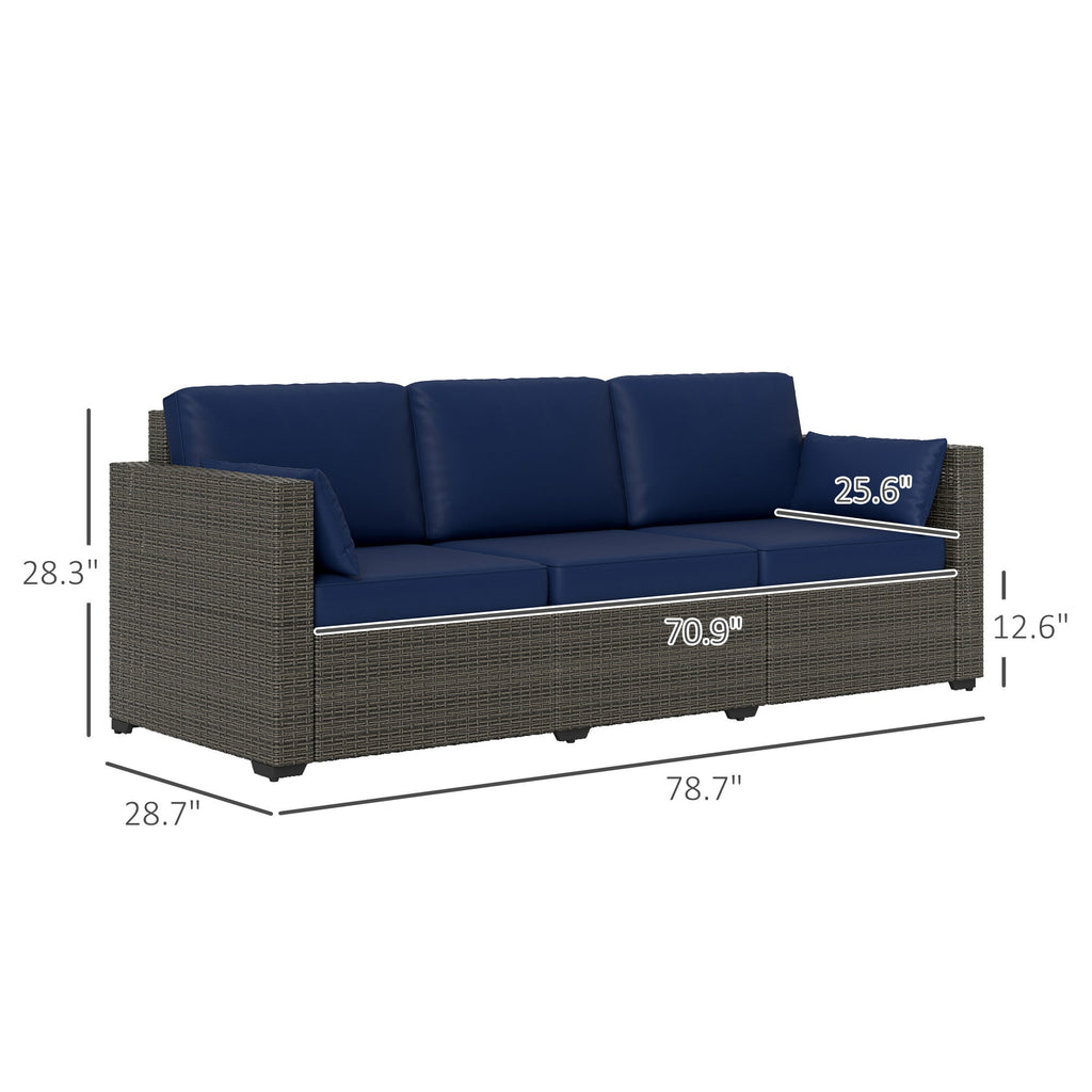 Outdoor Sofa Set PE Rattan Navy Blue 3 Seat Steel Frame 792 lb Capacity