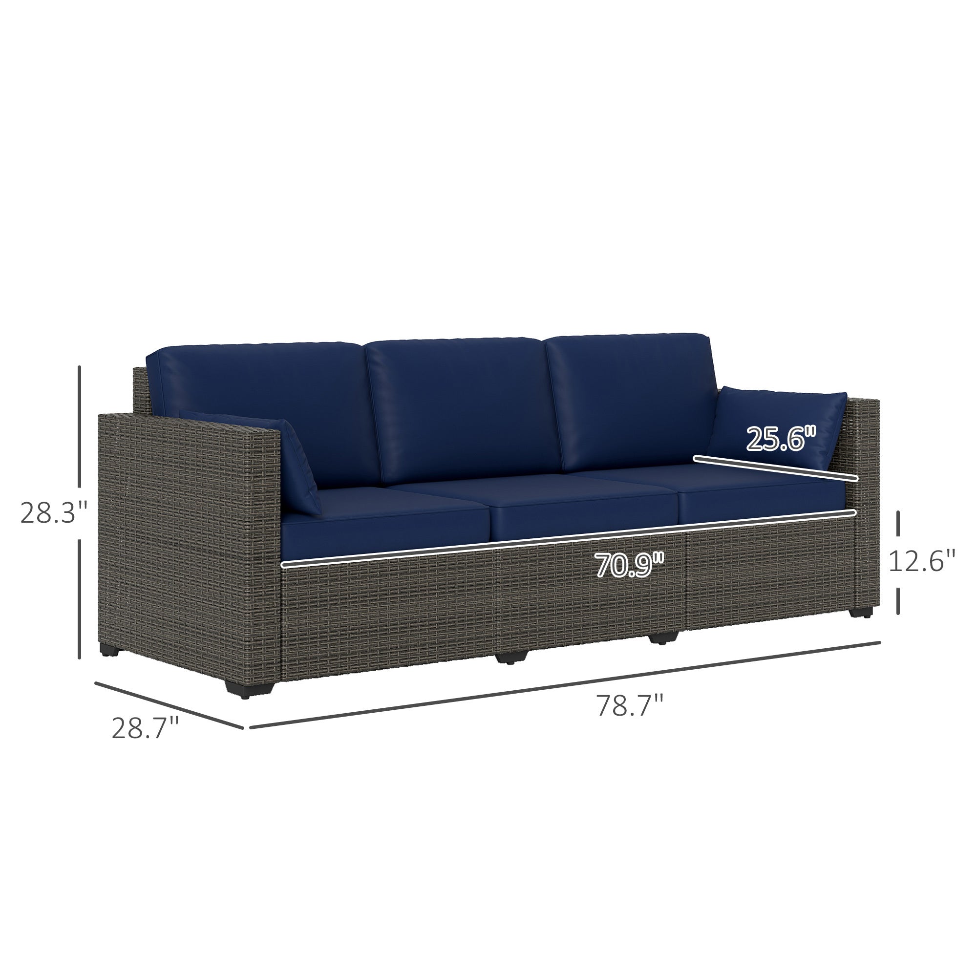 Outdoor Sofa Set PE Rattan Navy Blue 3 Seat Steel Frame 792 lb Capacity