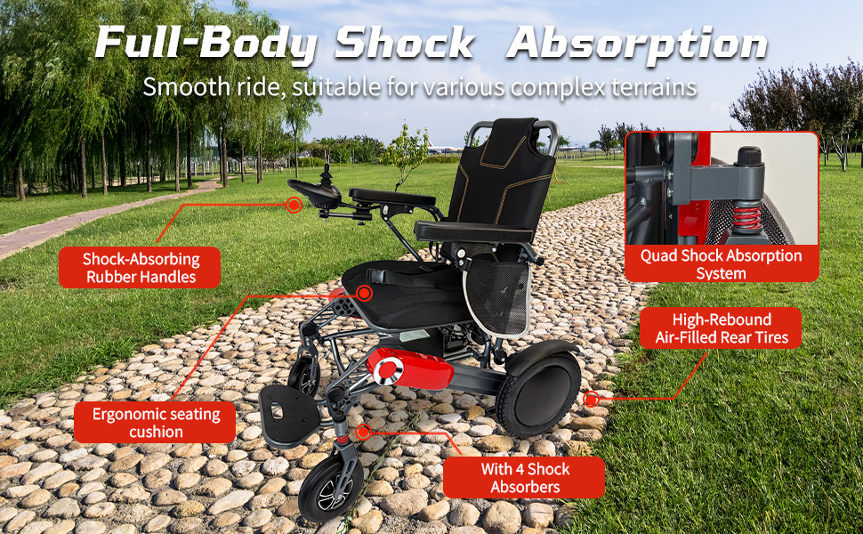 Wheelchair Electric Foldable Aluminum 300 LB 15 Mile Range Black Red