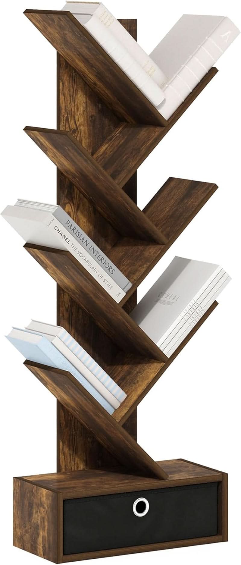 Tree Bookshelf 7 Tier Floor Standing Bookcase Amber Pine Black