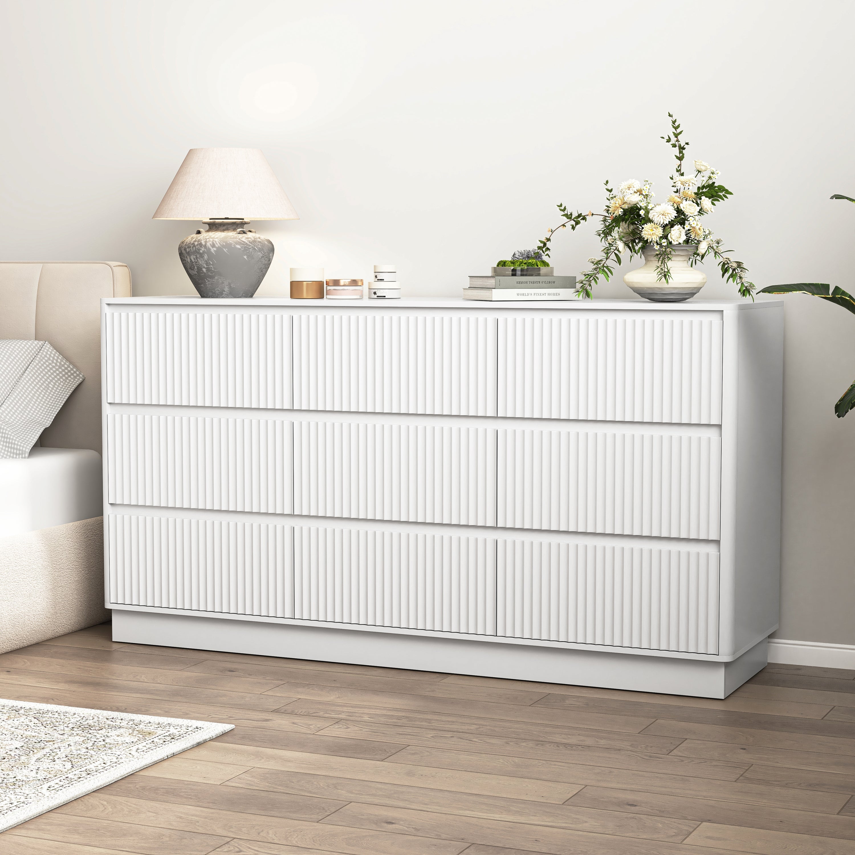 Dresser Mid-Century 9-Drawer White Wave No-Handle 59.1x15.7x31.6 In