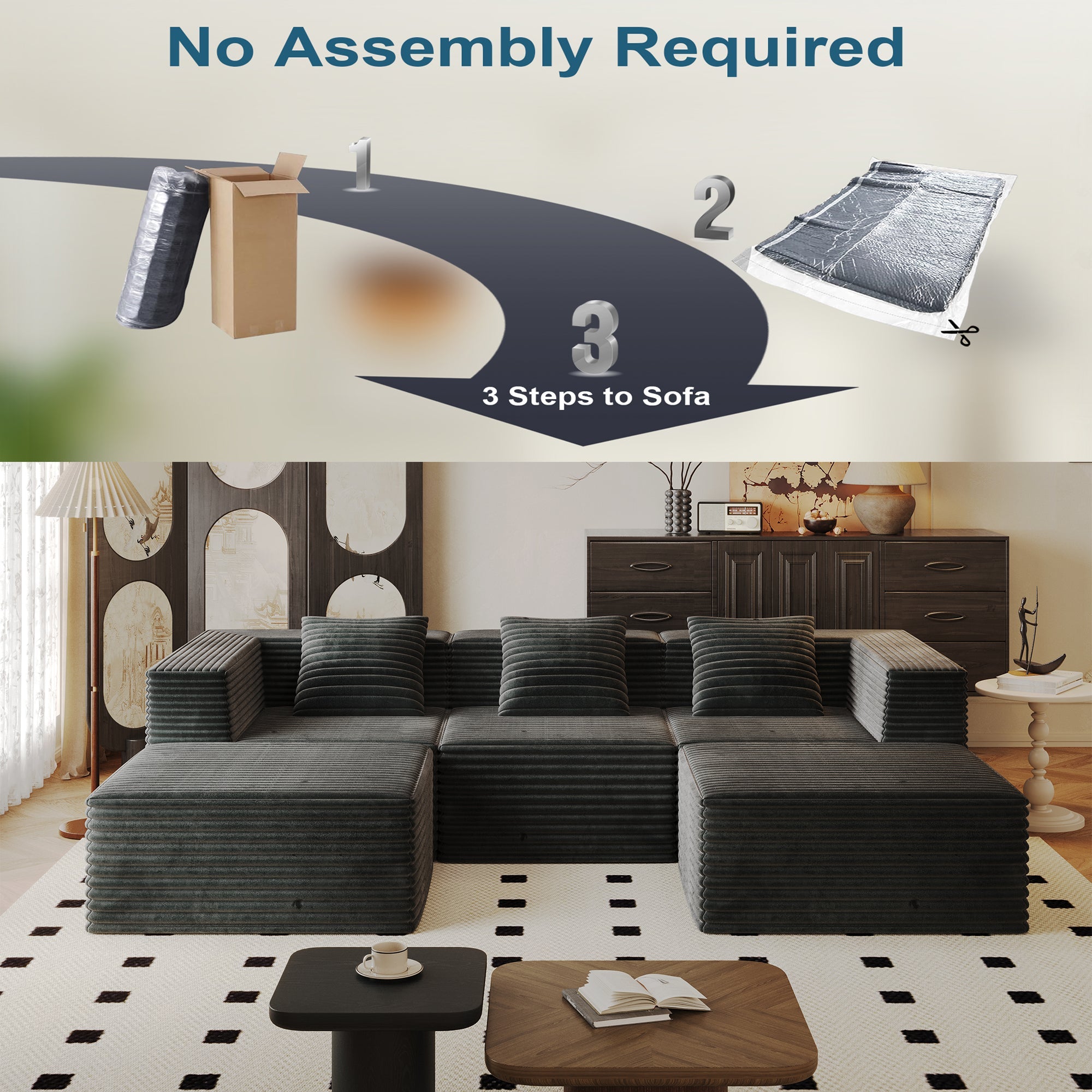 Sectional Sofa Modular Corduroy Gray 3 Seat 2 Ottomans 107 In No Assembly