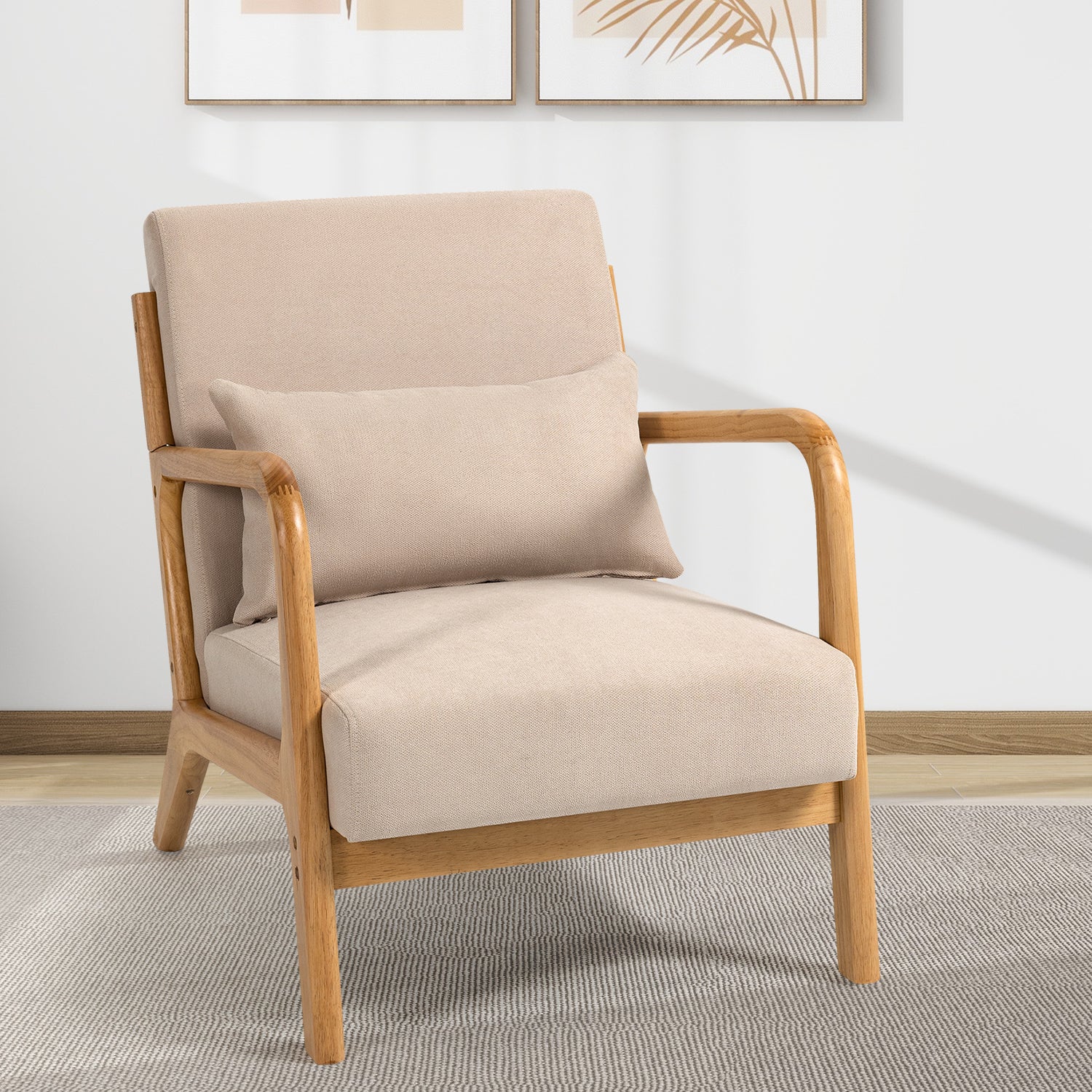 Accent Chair Mid-Century Linen Beige Solid Wood Arms and Legs 23x30x30 In