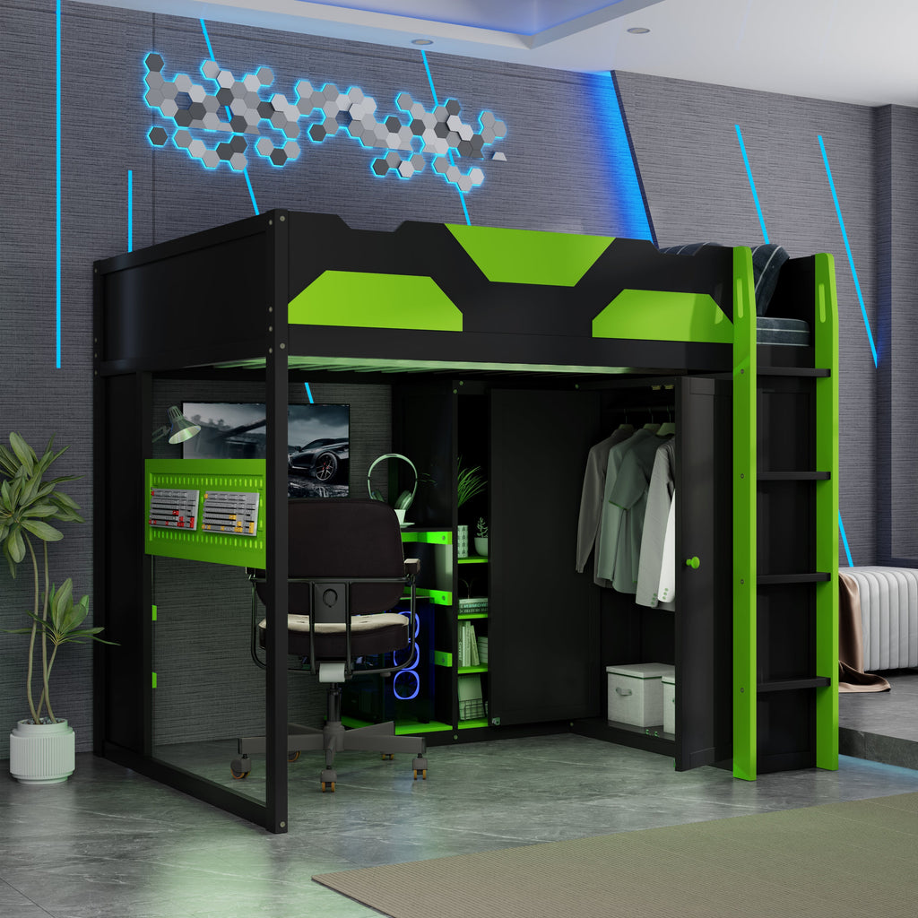 Full Size Wood Loft Bed with Desk, Multi-storage Shelves,USB and RGB Light,Green