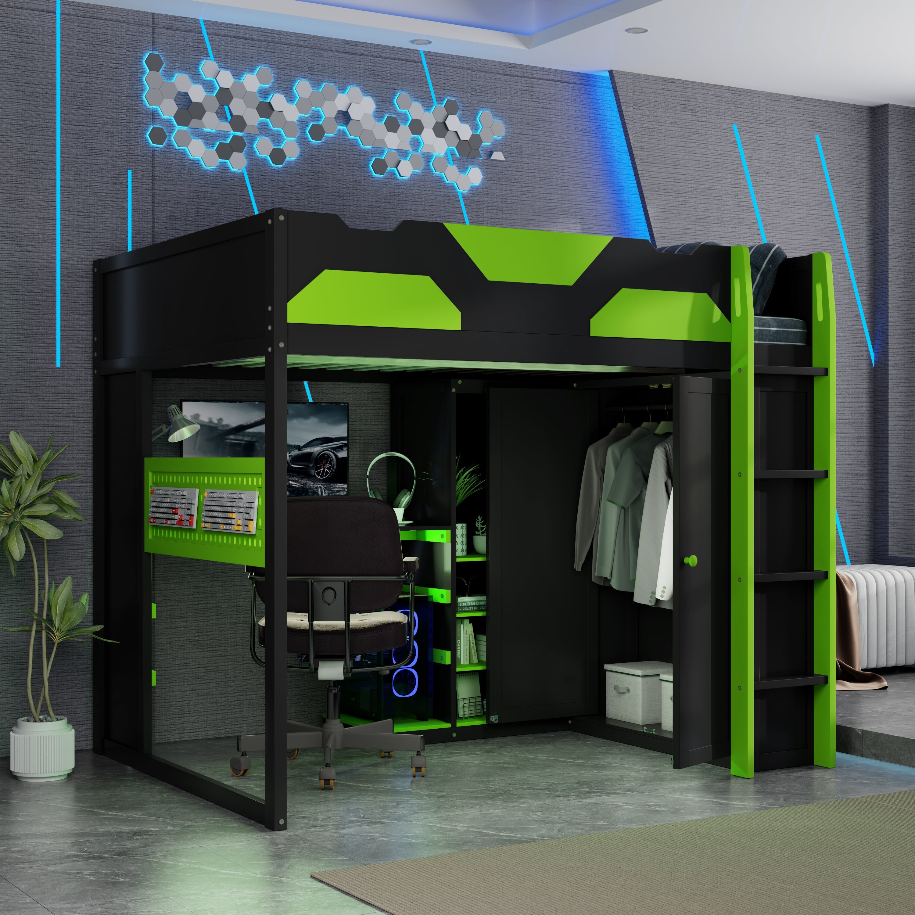 Full Size Wood Loft Bed with Desk, Multi-storage Shelves,USB and RGB Light,Green