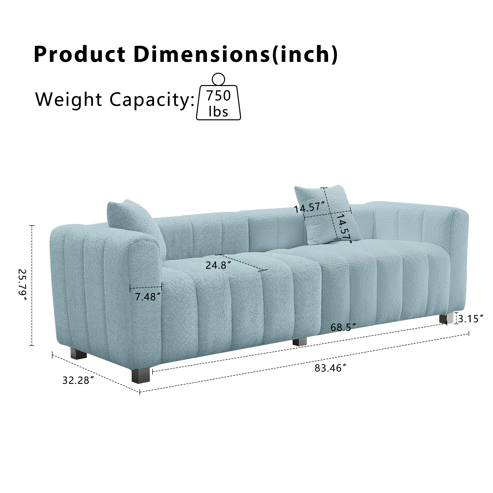 Sofa Modular Velvet Teddy Blue 3 Seat Metal Legs 87 In 750 LB