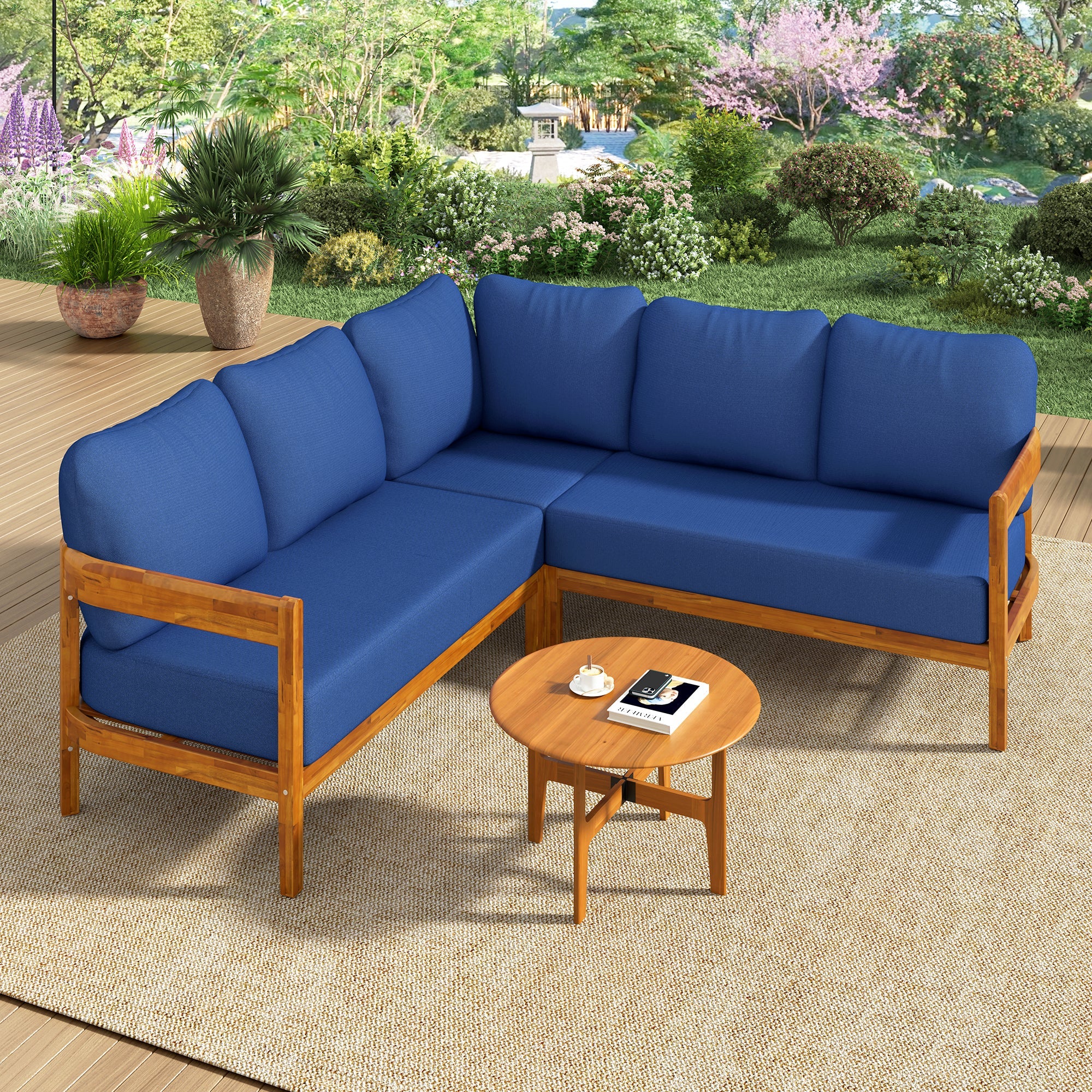 Outdoor Sofa Set Acacia Wood Arc Frame Blue Cushions L-Shape 6 Piece