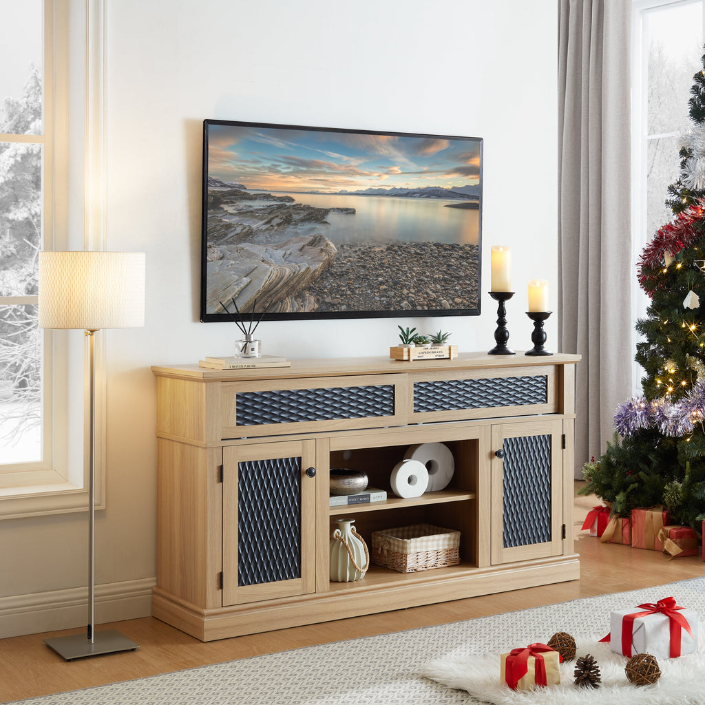 TV Stand Farmhouse Light Oak MDF Embossed Doors 3-Shelf Fits 65 In TV 58.27 In