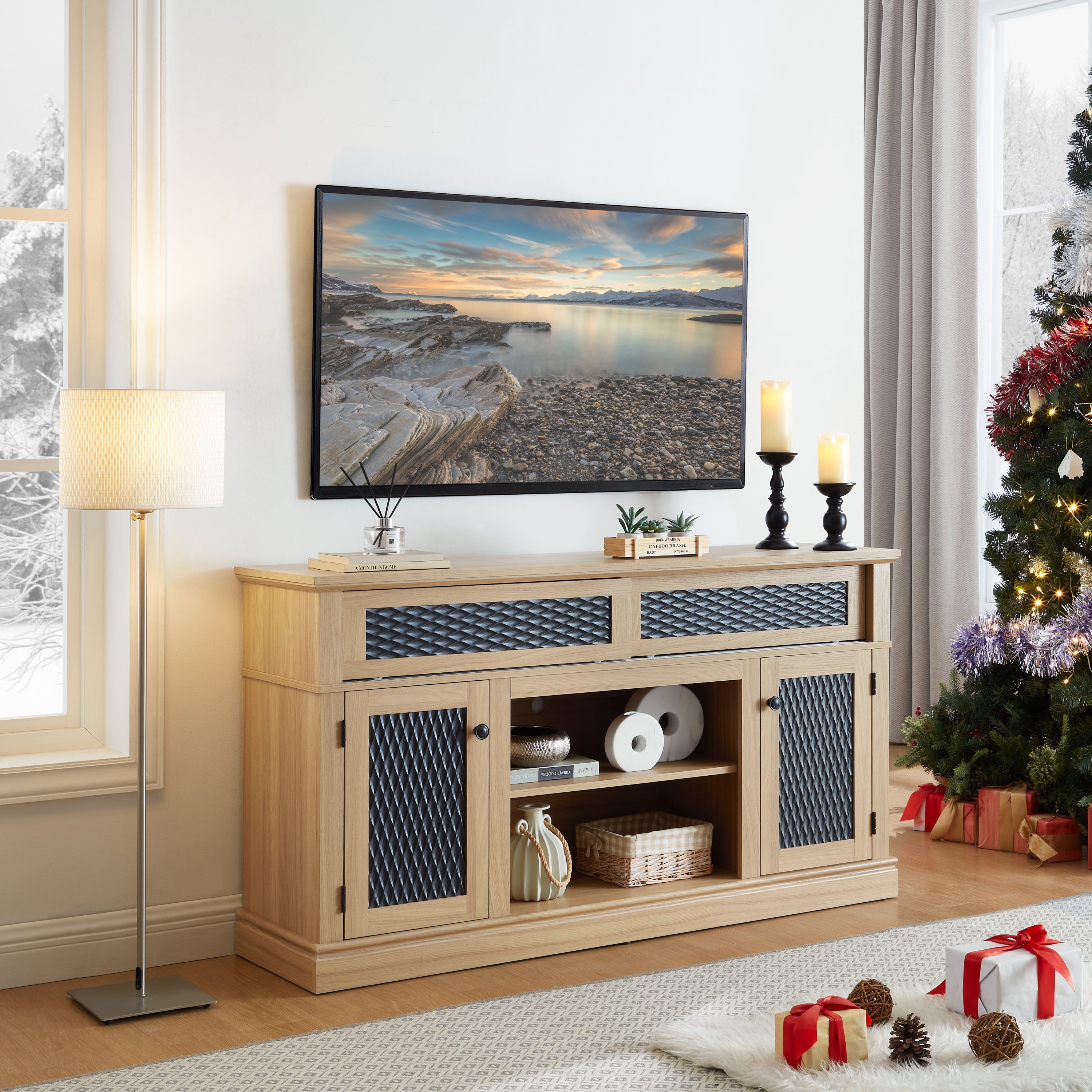 TV Stand Farmhouse Light Oak MDF Embossed Doors 3-Shelf Fits 65 In TV 58.27 In
