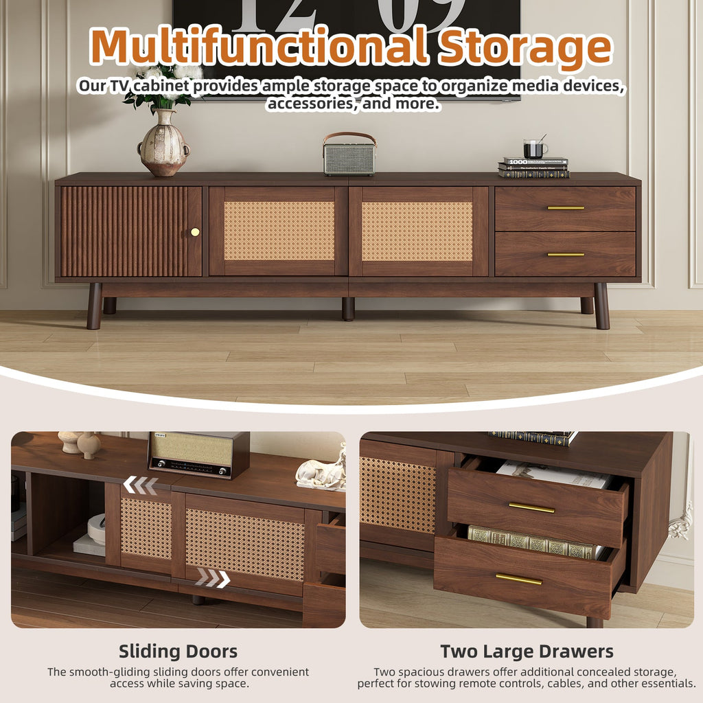 TV Stand Mid-Century Dark Brown Solid Wood Rattan Sliding Door Fits 80 In TV